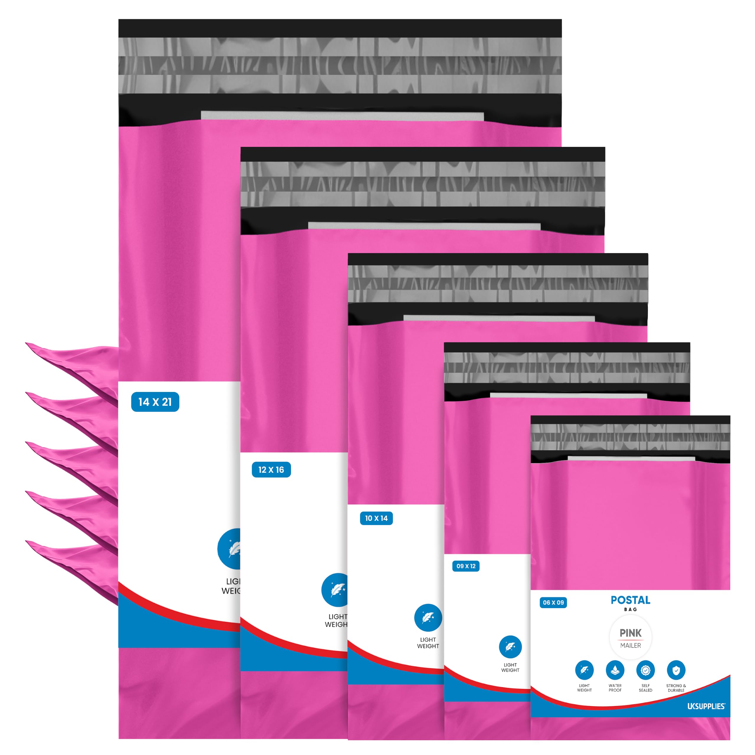 UK SUPPLIES LIMITED 125 Assorted Mix (5 Sizes, 25 Each) Pink Mailing Poly Parcel Postage Delivery Bags Waterproof & Strong Self-Seal Postage Mailers for Shipping Posting & Packaging