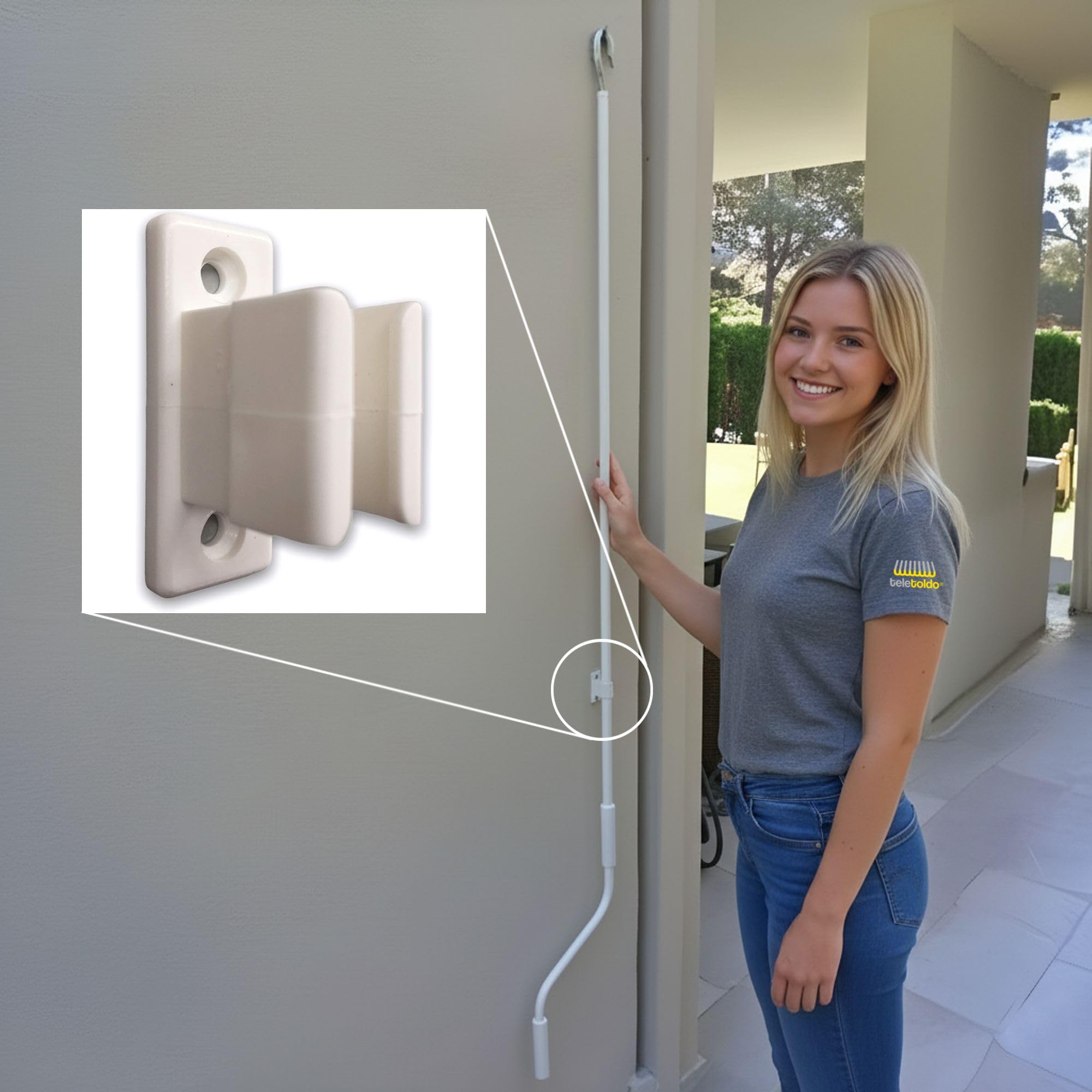 Teletoldo – Manivela Profesional para Toldo 150 cm ● Tubo de Acero + Maneta de Poliamida + Gancho de Zamak ● De Regalo Soporte de Pared con Tornillos – Blanco