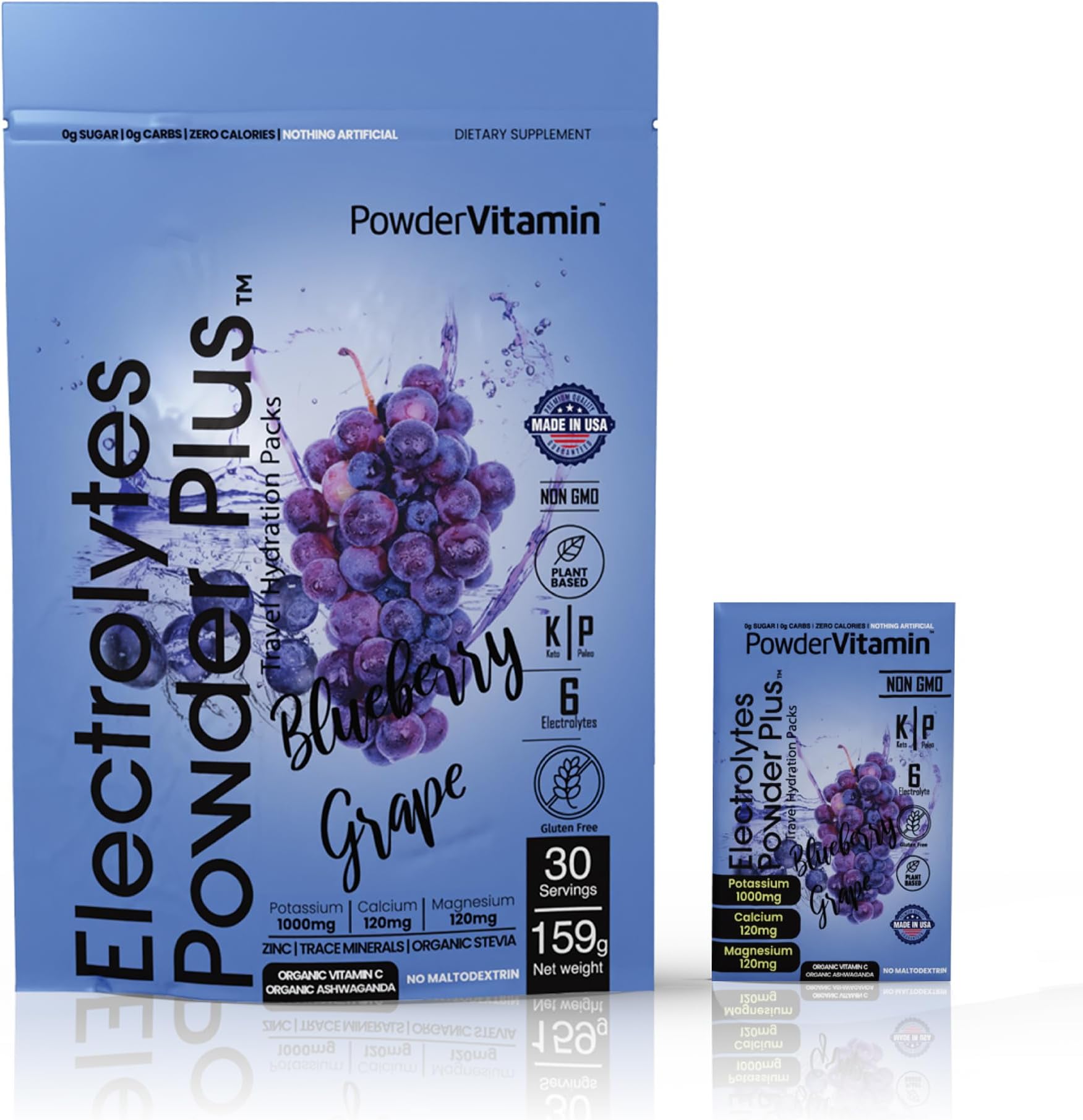 PowderVitamin Electrolytes Powder Plus, Keto, Blueberry Grape, Zero Sugar, 1000mg Potassium, 120mg Calcium, 120mg Magnesium, Non-GMO, Zero Calories, 30 Hydration Packets