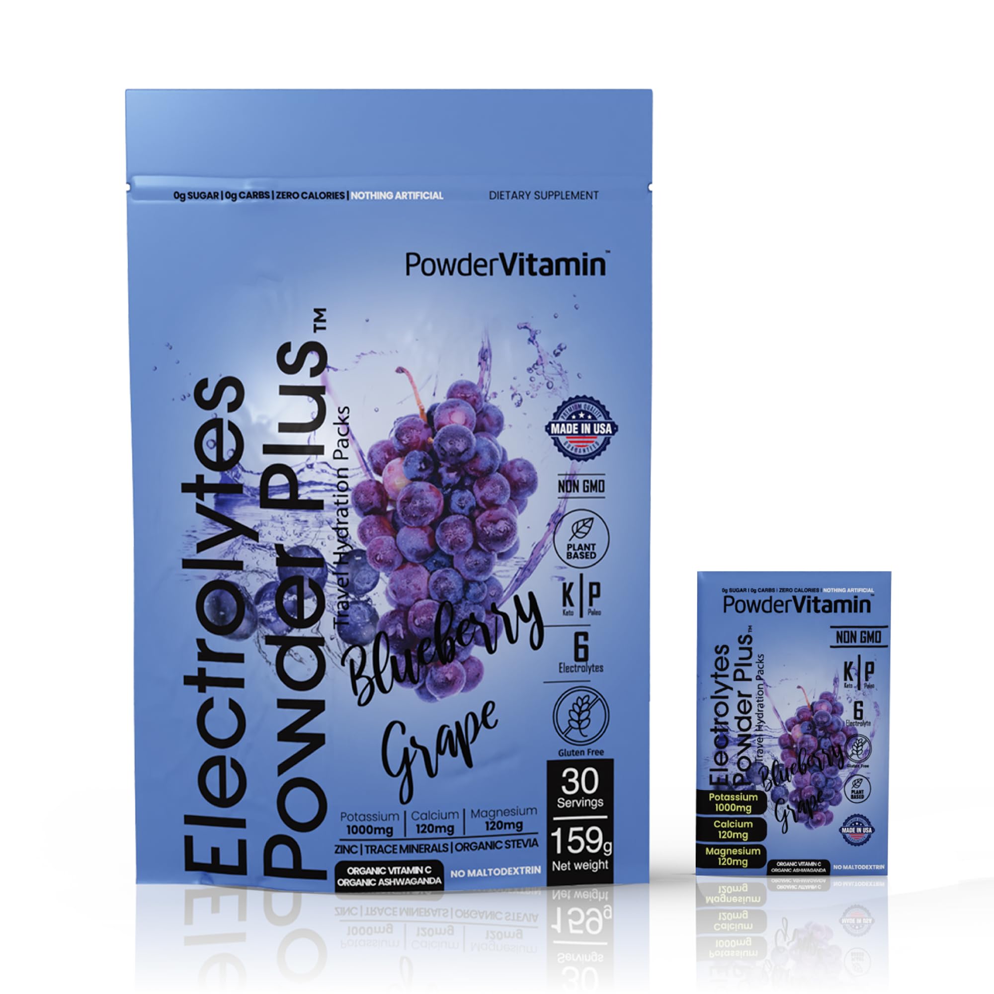 Electrolytes Powder Plus, Keto, Blueberry Grape, Zero Sugar, 1000mg Potassium, 120mg Calcium, 120mg Magnesium, Non-GMO, Zero Calories, 30 Hydration Packets