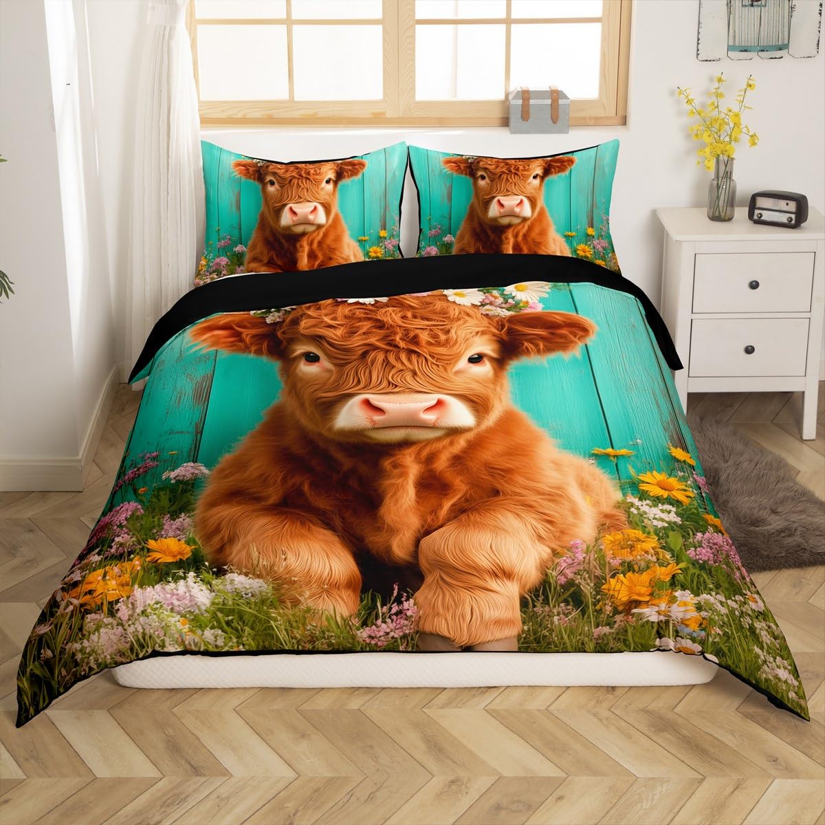 Homemissing Highland Cattle Duvet Cover Set Single Size For Kids Boys Girls Teens Highland Cow Bedding Set Daisy Botanical Floral Printed Comforter Cover with 1 Pillowcase