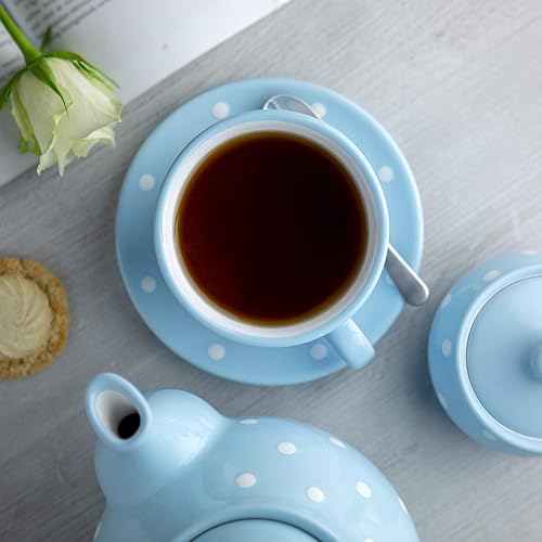 Miniatura 3 de City to Cottage Taza y platillo de café capuchino hecho a mano con lunares celestes y blancos, tamaño grande, de cerámica, 12 onzas líquidas, regalo