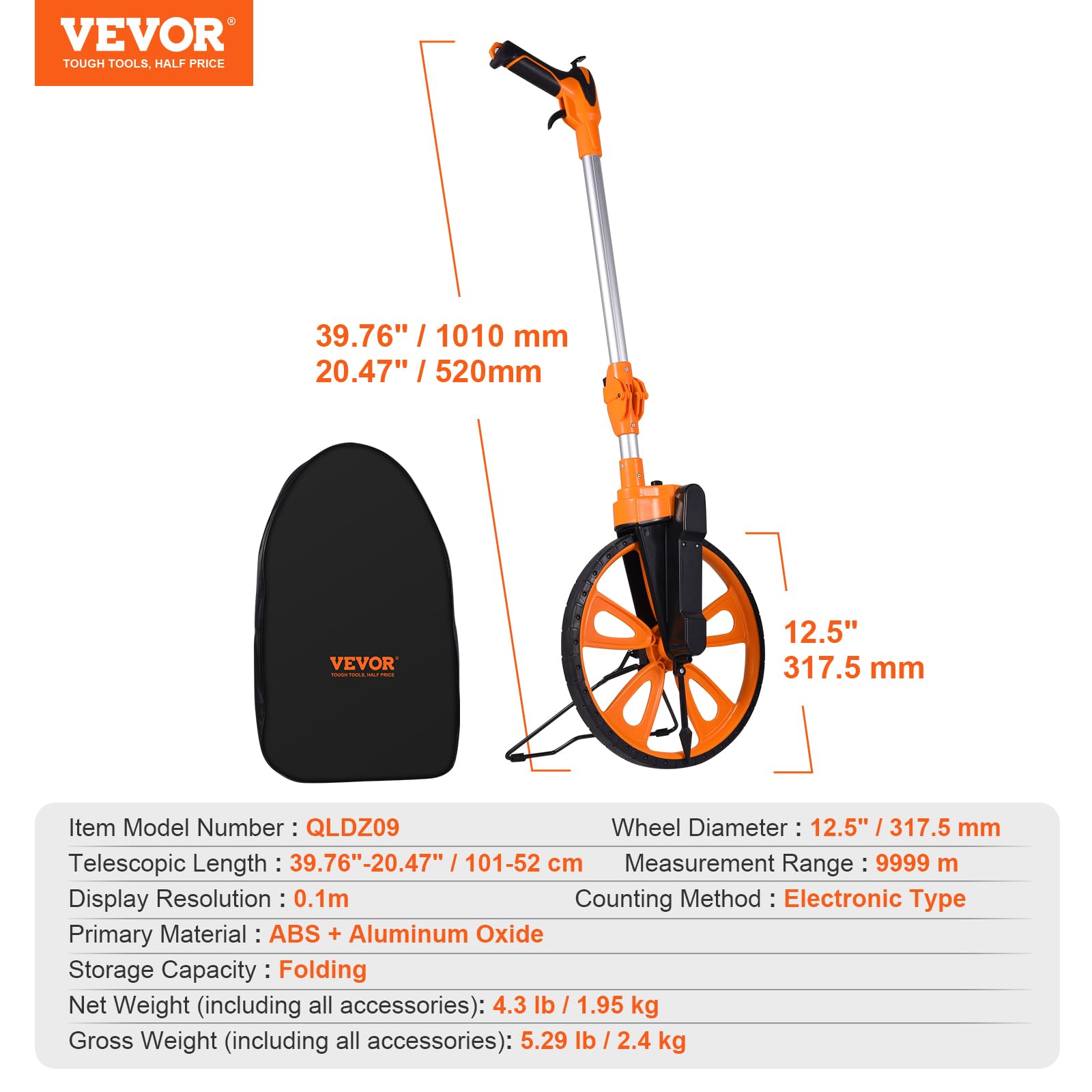 VEVOR Messrad 0-9999,9m Präzisions Messrad ±0,5% Messroller Rolltacho mit Teleskopstange 101-52cm Vermessungsrad φ317,5mm Streckenmessgerät aus ABS + Aluminiumoxid inkl. Tragetasche