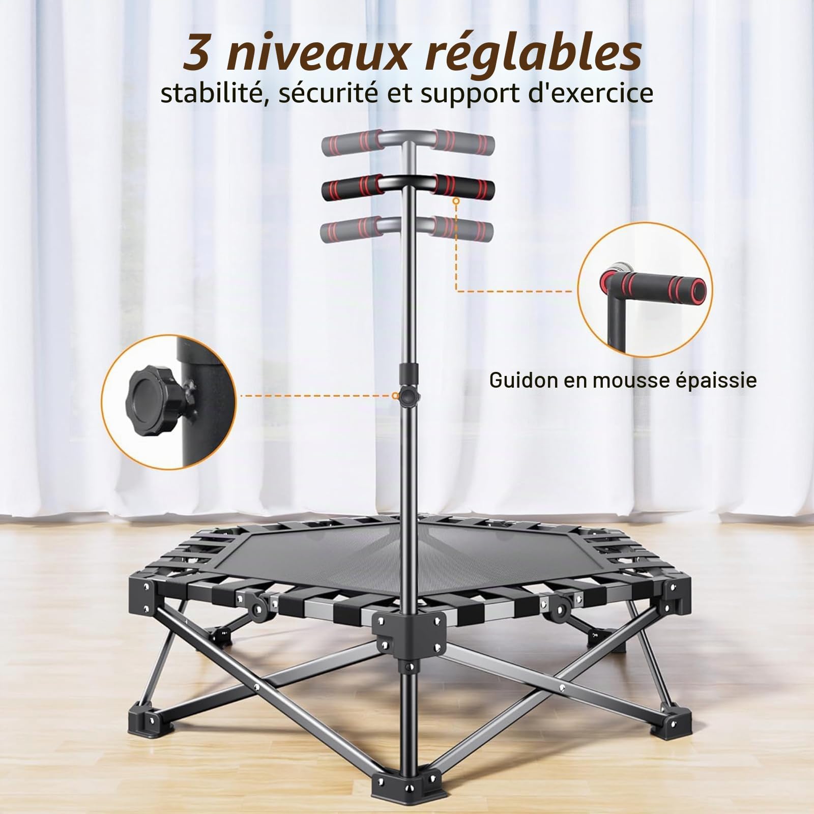 Trampoline De Fitness Pliable De 42 Pouces avec Guidon RéGlable, Trampoline De Fitness éLastique, Saut, EntraîNement Cardio pour Adultes, Charge Maximale 450 LB, 110 cm, Pliable Et Portable