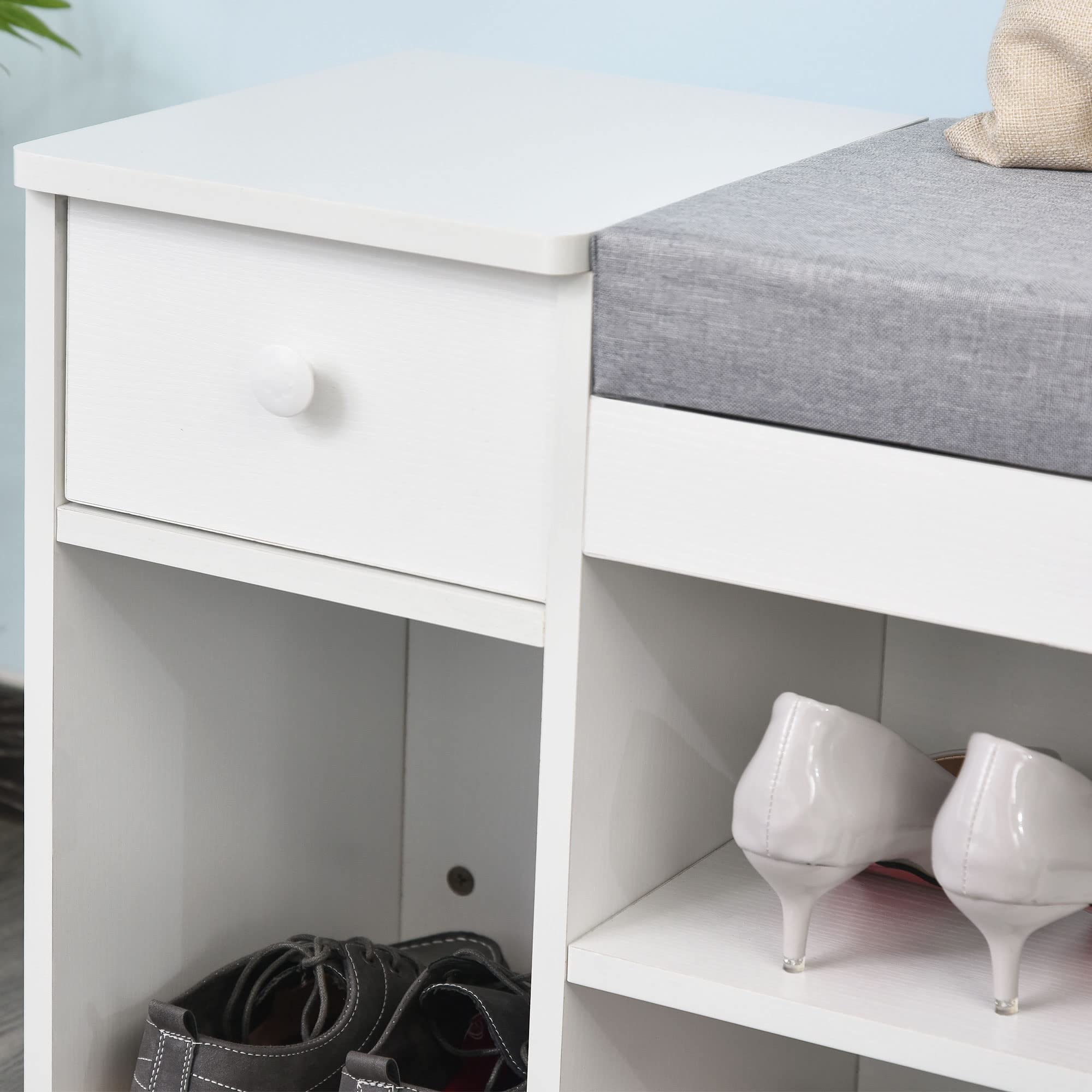HOMCOM Panca Scarpiera con Cuscino, Cassetto e 3 Vani Aperti, Mobile per Ingresso in Legno 81x31.5x49cm, Bianco