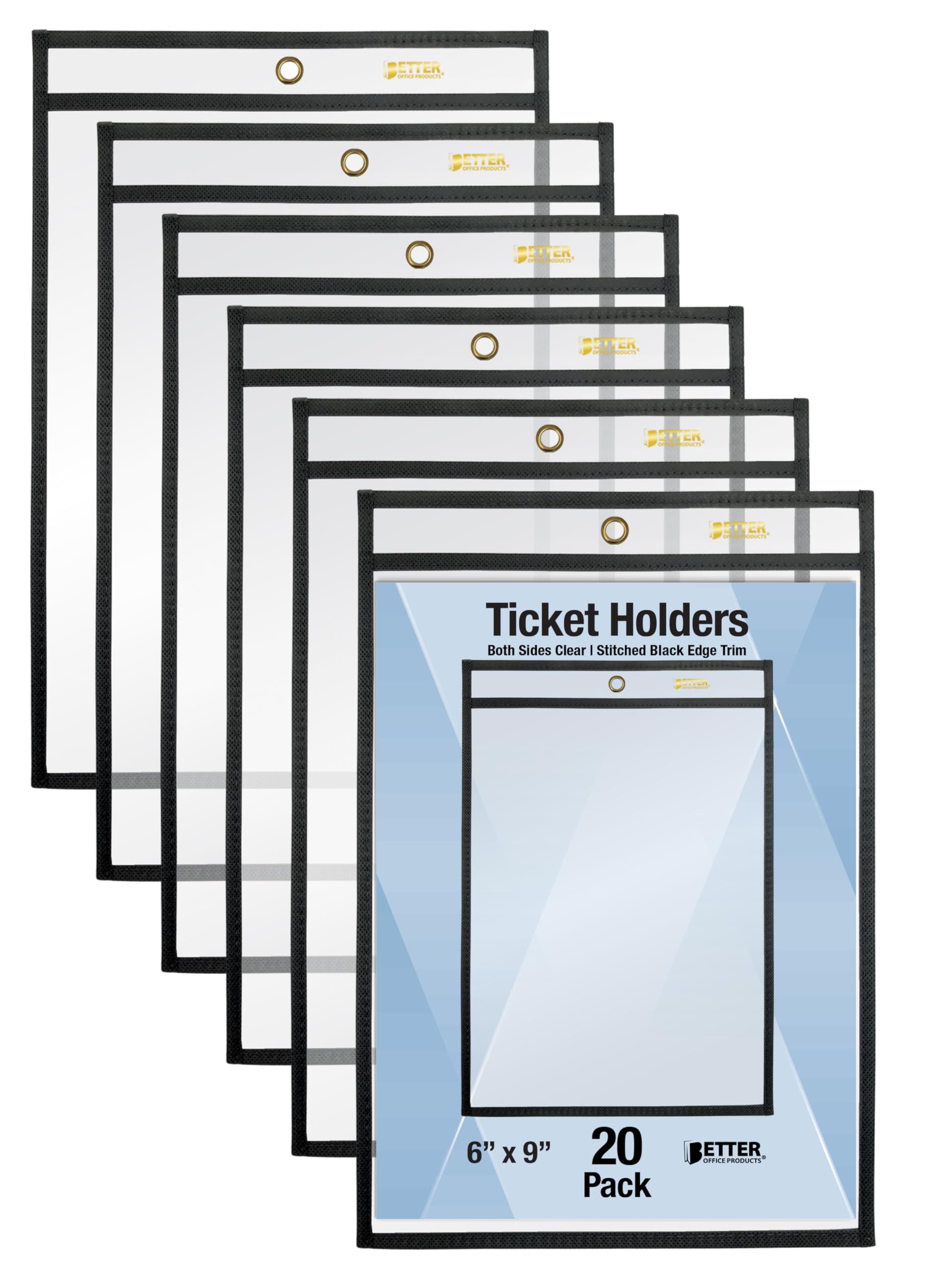 Better Office Products - Soportes para boletos, 15,2 x 22,8 cm, ambos lados transparentes, borde negro cosido, paquete de 20