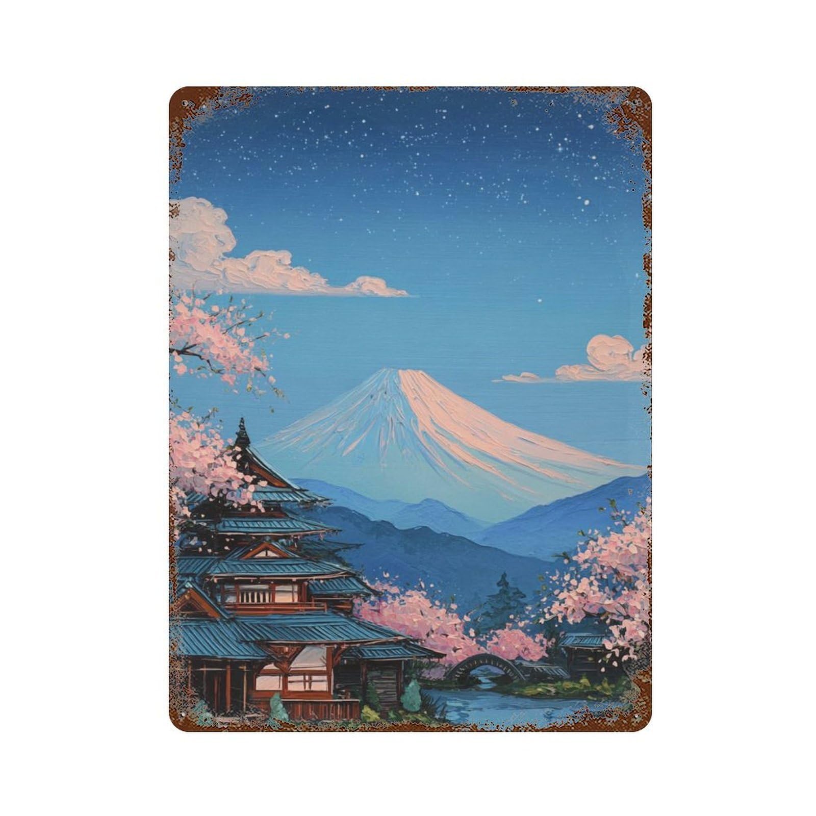 Decorative Tin Sign with Japanese Cherry Blossom Landscape Design 15.7"x11.8", for Basement, Hobby Room And Garage Decor, Farmhouse Wall Decor