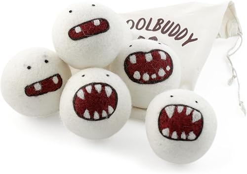 Miniatura 2 de Woolbuddy Bolas secadoras, paquete de 6 accesorios de lavandería de lana reutilizables, diseño de monstruo para depilación de mascotas, esenciales