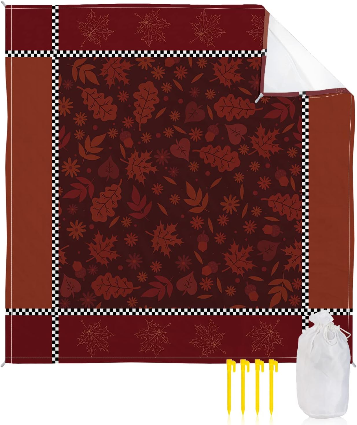 Farm Autumn Red Maple Leaves Black White Buffalo Plaid Beach Blanket Waterproof Sandproof Outdoor Picnic Mat 118"x108" Fall Leaf Lightweight Large Beaach Blankets with 4 Stake & 4 Corner Pockets
