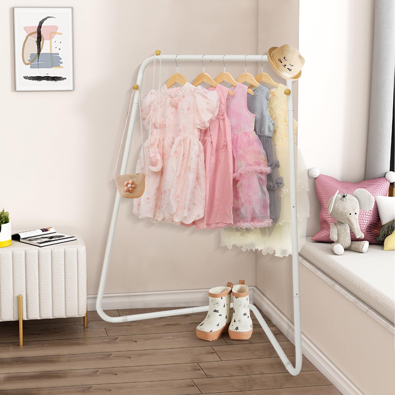 YGJT Kids Clothing Corner Rack, Dress Up Storage for Little Girls with Bottom Storage Shelf, Cute Toddler Wardrobe Cloest Garment for Hanging Coat,