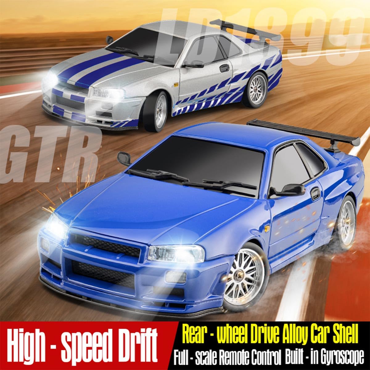 RC Drift Car z żyroskopem, skala 1/18, 2,4 G, 3-kanałowy, metalowy nadwozie, model samochodu z podnoszonymi reflektorami, świetny prezent dla nastolatków i dorosłych (wersja gyro RTR/srebrny)
