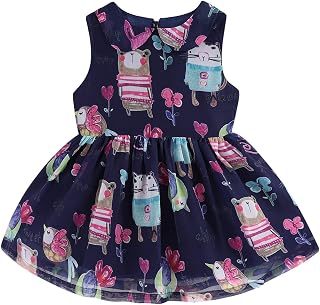 Little Girls Sleeveless Dresses Peter Pan Collar Casual Summer Cartoon Print