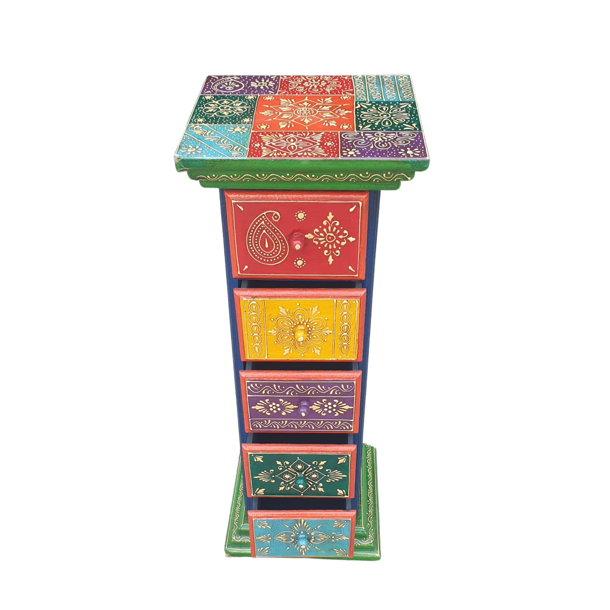 Quesera® Rajasthani CHEST OF DRAWERS/Handcrafted Decorative Fancy Handmade Hand Painted Beautiful Traditional Attractive Multicolour Multiple Drawer Corner Cum Side Table (5 drawer)
