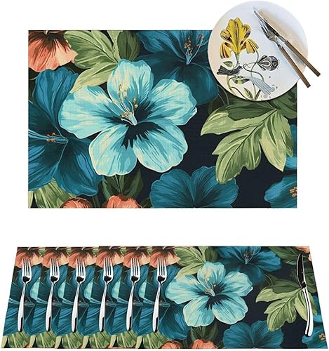 Juego de 6 manteles individuales de PVC con patrón de flores de hibisco, antideslizantes, 12 x 18 pulgadas, juego de manteles individuales duraderos