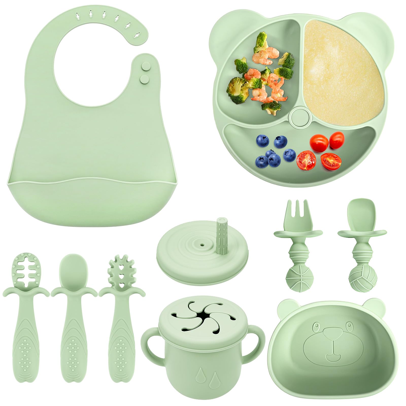 comeder Baby Weaning Set, 10 Pcs Silicone Baby Feeding Set, Baby Led Weaning Feeding Supplies for Toddlers, Baby Plates and Bowls Sets with Adjustable Bib, Food Plate Kit, Fork & Spoon (Green) โ image 1