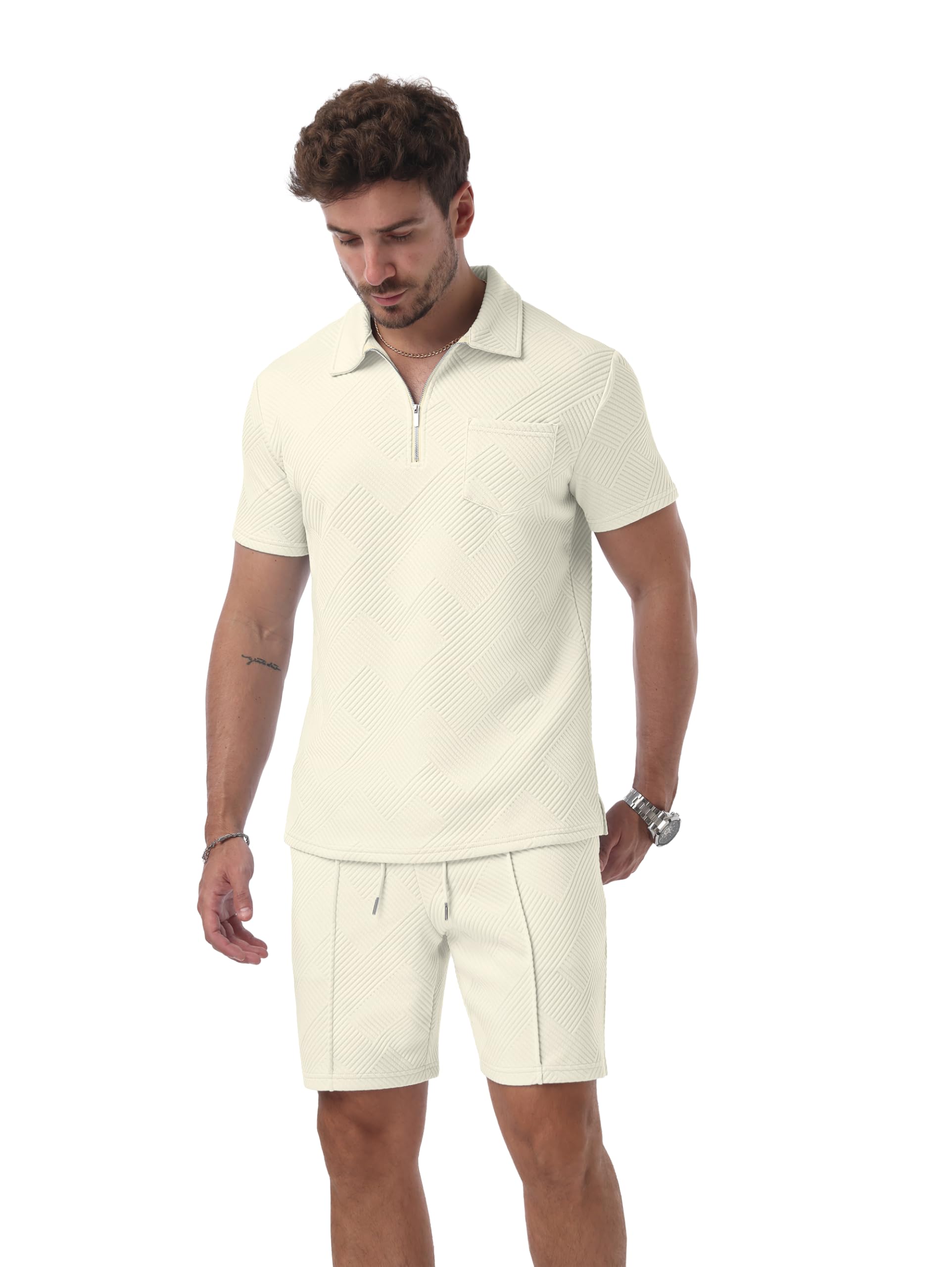 QIXING Survêtement d'été 2 pièces pour homme - Short et t-shirt avec demi-fermeture éclair - Polo à manches courtes - 2 pièces - Pour l'été