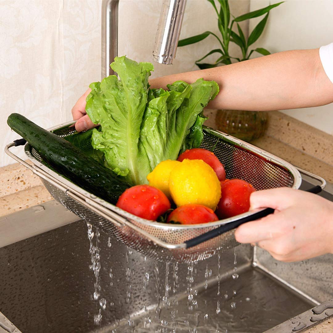 D L D - Colino ovale in acciaio inox di alta qualità con cestello a rete fine da 5,8 litri e manici in gomma espandibili, per scolare, filtrare e sciacquare frutta e verdura (modello Upgrade)