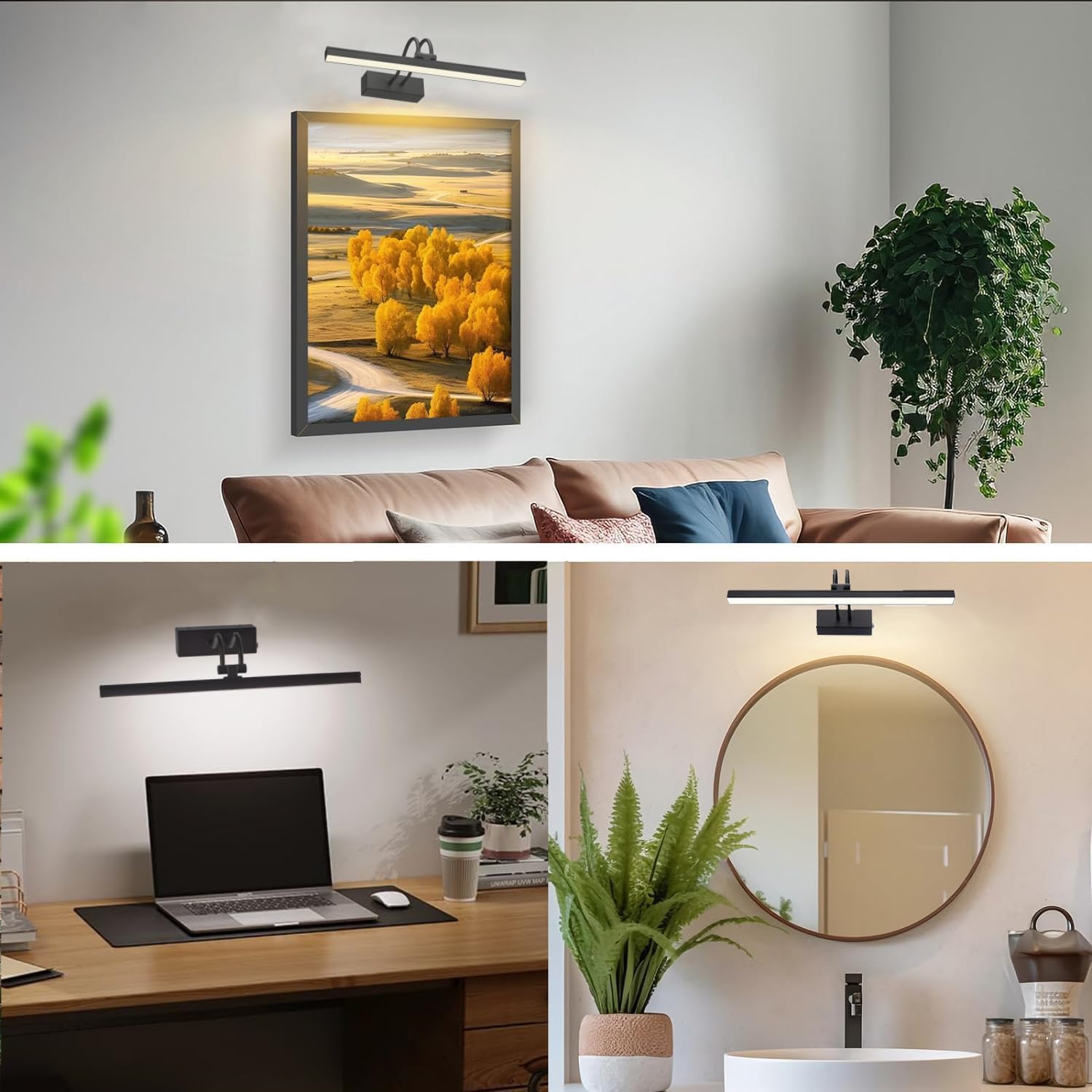 FUNCHDAY Lampe murale rechargeable sans fil avec télécommande, 280 lm à intensité variable, minuteur, 33 cm, fonctionne à piles en métal pour peintures, cadre (noir)