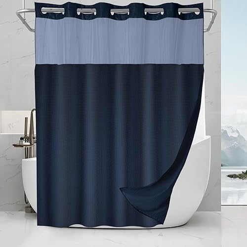 Vista 202 de Cortina de ducha de tortugas marinas, temática náutica de playa, verde y verde azulado, sin ganchos, punto gofre y forro desmontable, decoración