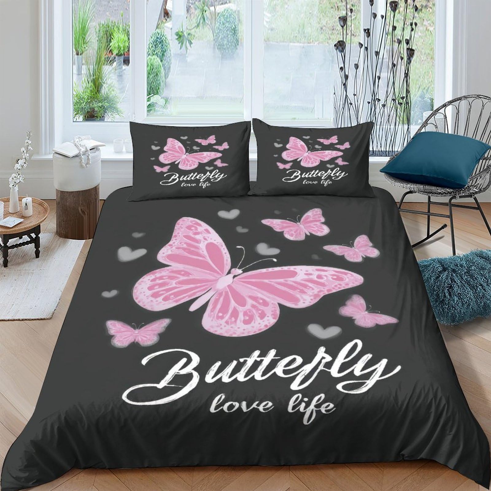 GPLZQXKJNH 3D Printed Pink Butterfly Duvet Cover Microfiber Soft Breathable Black Bedding Set with 2 Pillowcases for Bedroom Decor Single（135x200cm）