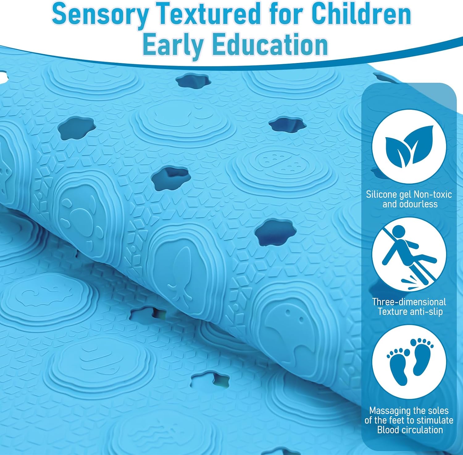 Silicone Anti Slip Bathtub Mat Bath Shower Non-Slip 35x16 for Standard Tub Kids for Elderly Safety Large Thick with Sensory Acupressure Textured Strong Suction Cups & Drain Holes Easy Clean & Dry