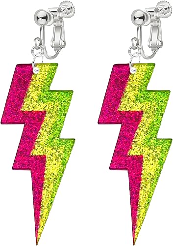 Aretes de neón de los años 70 y 80 para mujer, sin perforaciones, coloridos relámpagos, acrílicos, retro, geométricos, truenos, para atuendo de los