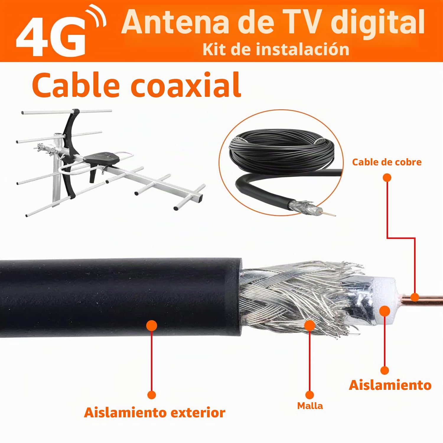 Kit de instalación de antena de TV digital 4G para exteriores, antena de techo para TV digital Smart Freeview HD al aire libre + conector coaxial macho hembra de 10 m RG6 tornillos de fijación de