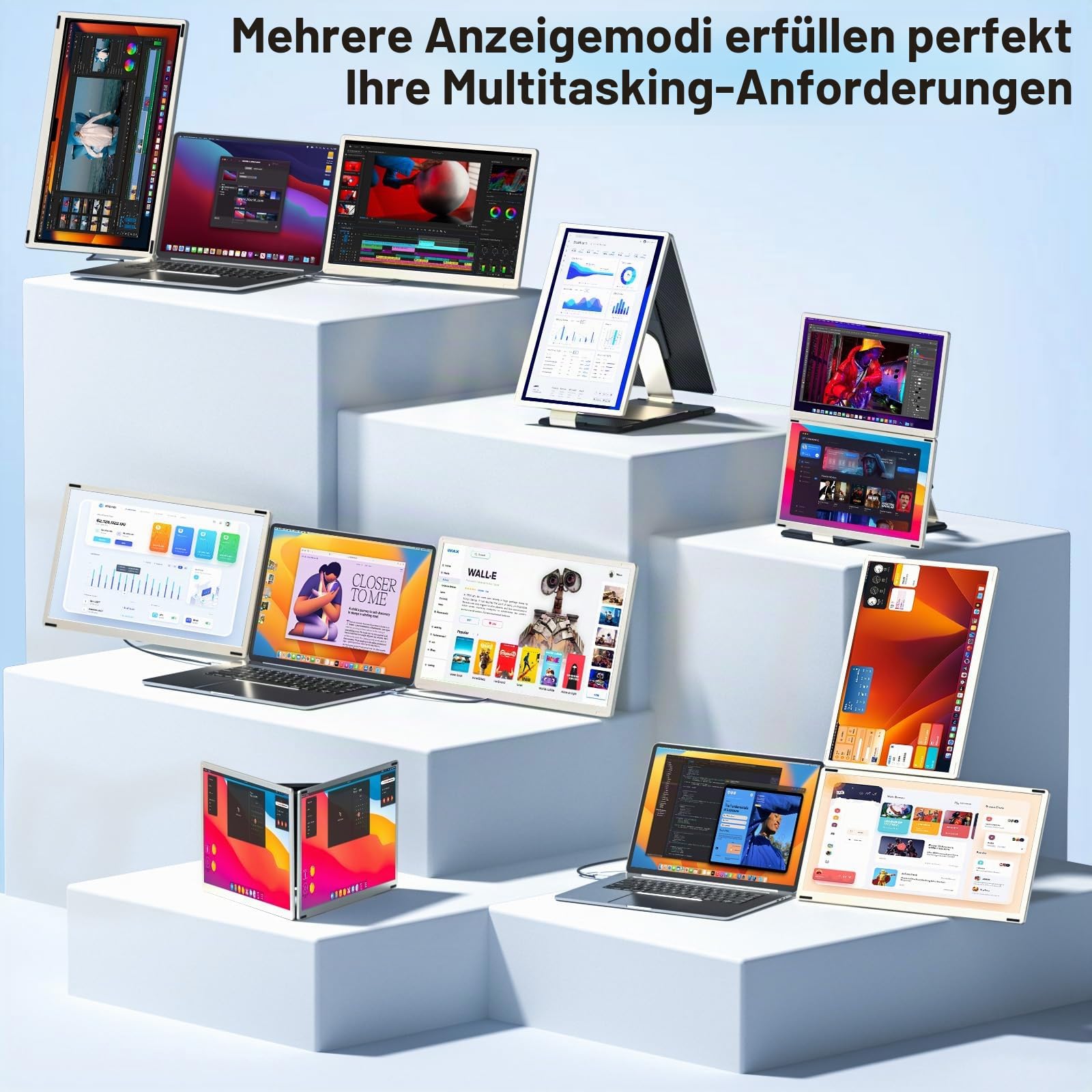 Laptop Screen Extender, 15.6” Laptop Bildschirm Extender, FHD 1080P Triple Travel Monitor mit Lautsprechern, Display Extension Kompatibel mit 13-17.3“ Laptops für Mac, Windows, Chrome, Android