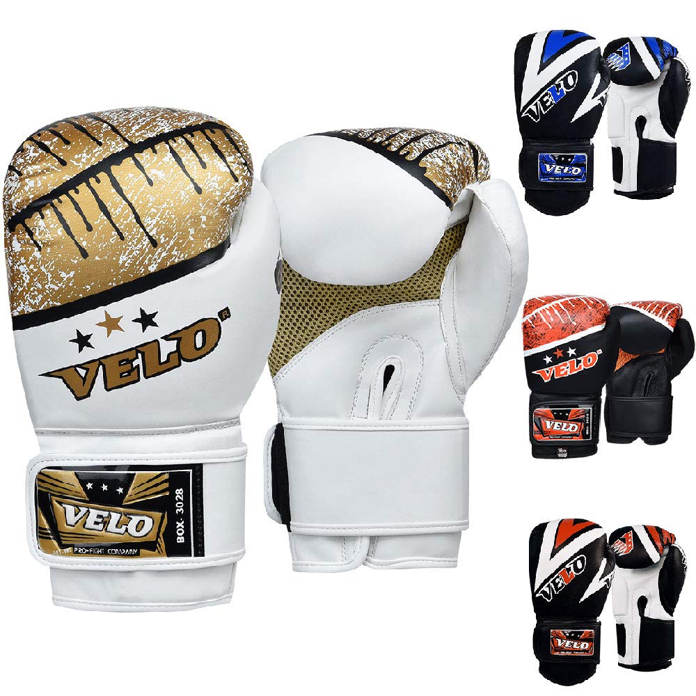 VELO Boxing Gloves Leather Muay Thai Training Punching Bag Mitts Fighting Glove for Punch Focus Pad (White-Gold, 14oz)