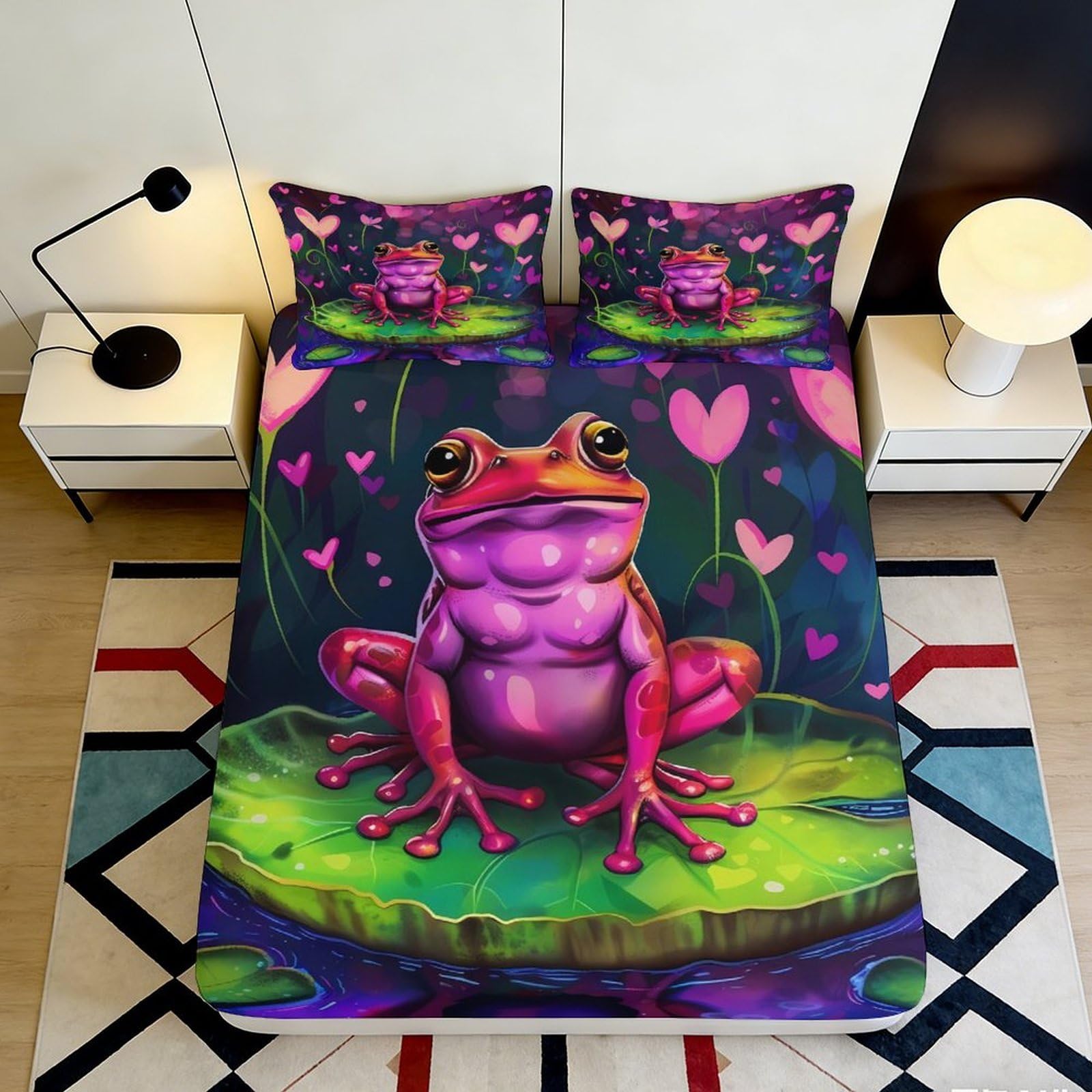 3D Printed Pink Frog Fitted Sheet Microfiber Deep Pocket Non-Slip Bedding Frog Mattress Fitted Cover for All Ages 200x200x25cm 90x200x25cm