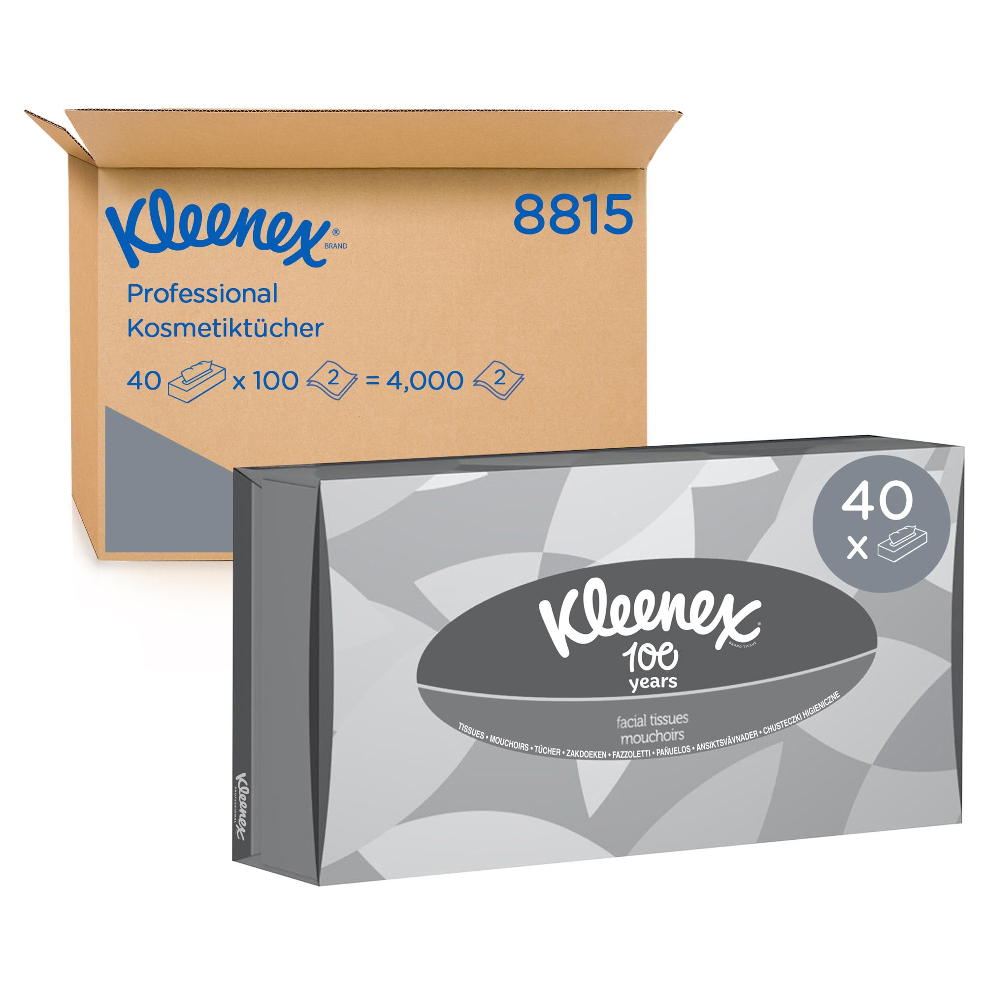 Boîtes de Mouchoirs Kleenex® 8815 – 2 Épaisseurs, Blancs, Doux, Résistants & Certifiés FSC – 40 Boîtes x 100 Mouchoirs (Total 4 000 mouchoirs)