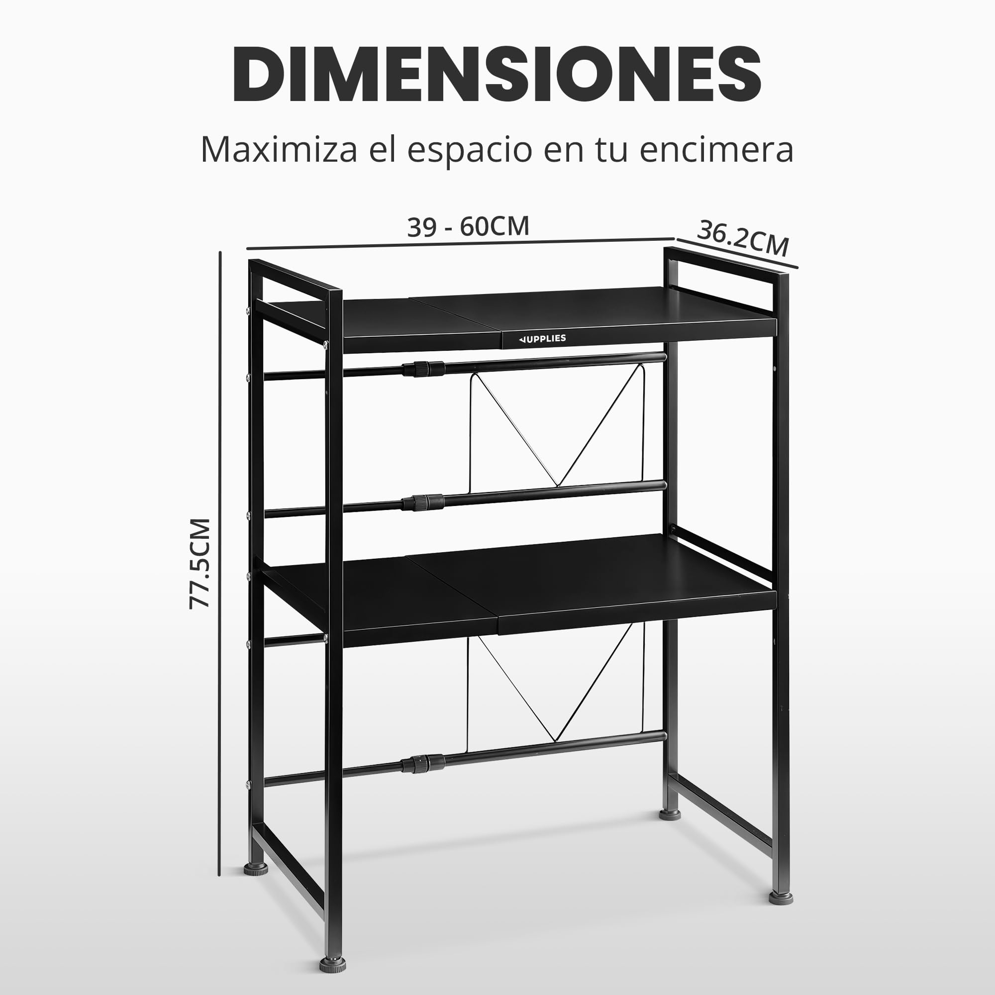 JUPPLIES Soporte Microondas 77,5×39×36,2 cm – Estantería Microondas Extensible 39–60 cm – Mueble Microondas Cocina de Acero Antióxido con 8 Ganchos – Estante Reforzado de Alta Capacidad para Encimera — view 3