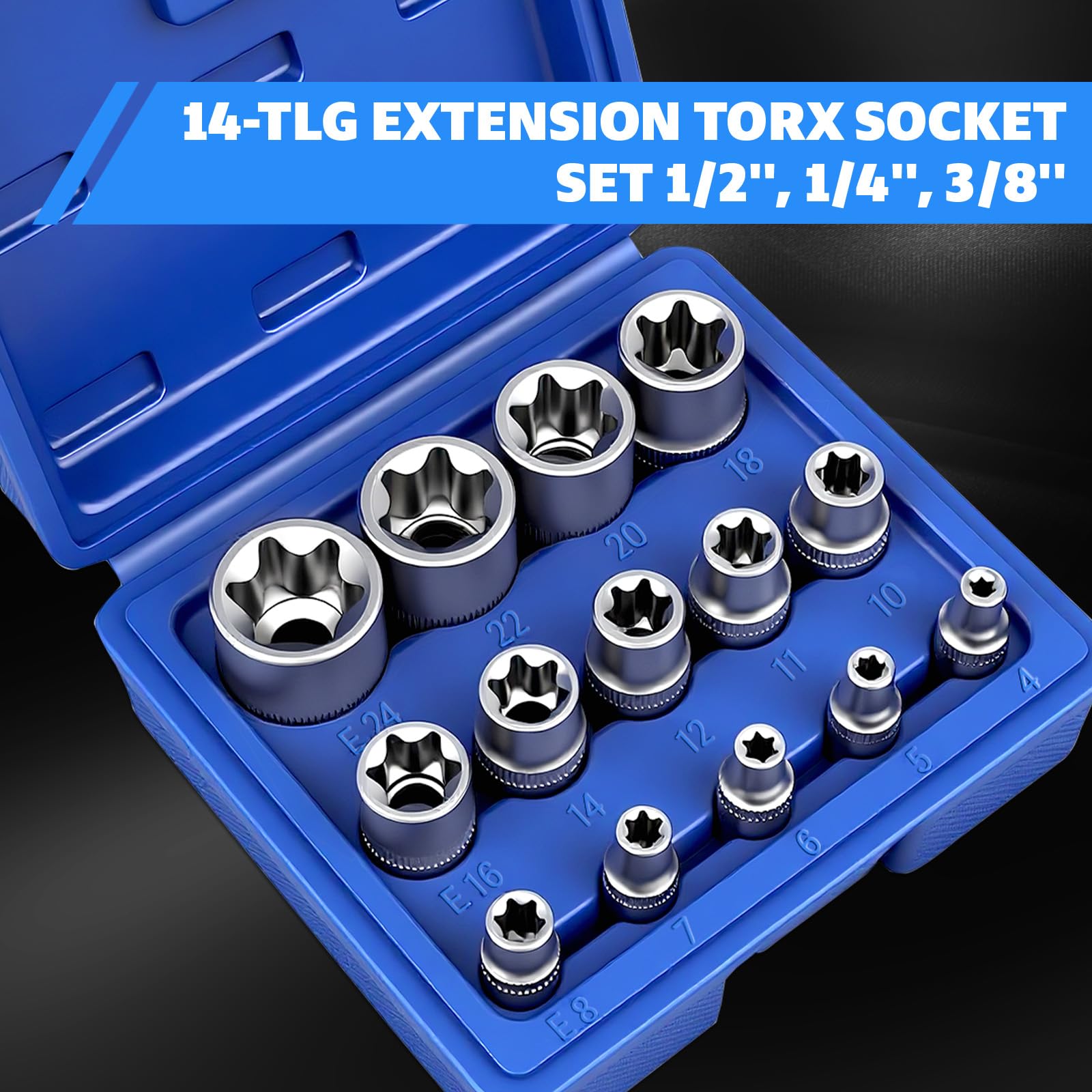 Juego de 14 Llaves Torx Exteriores 1/4" 3/8" 1/2", Set de Llaves Torx E4, E5, E6, E7, E8, E10, E11, E12, E14, E16, E18, E20, E22, E24 (Azul)