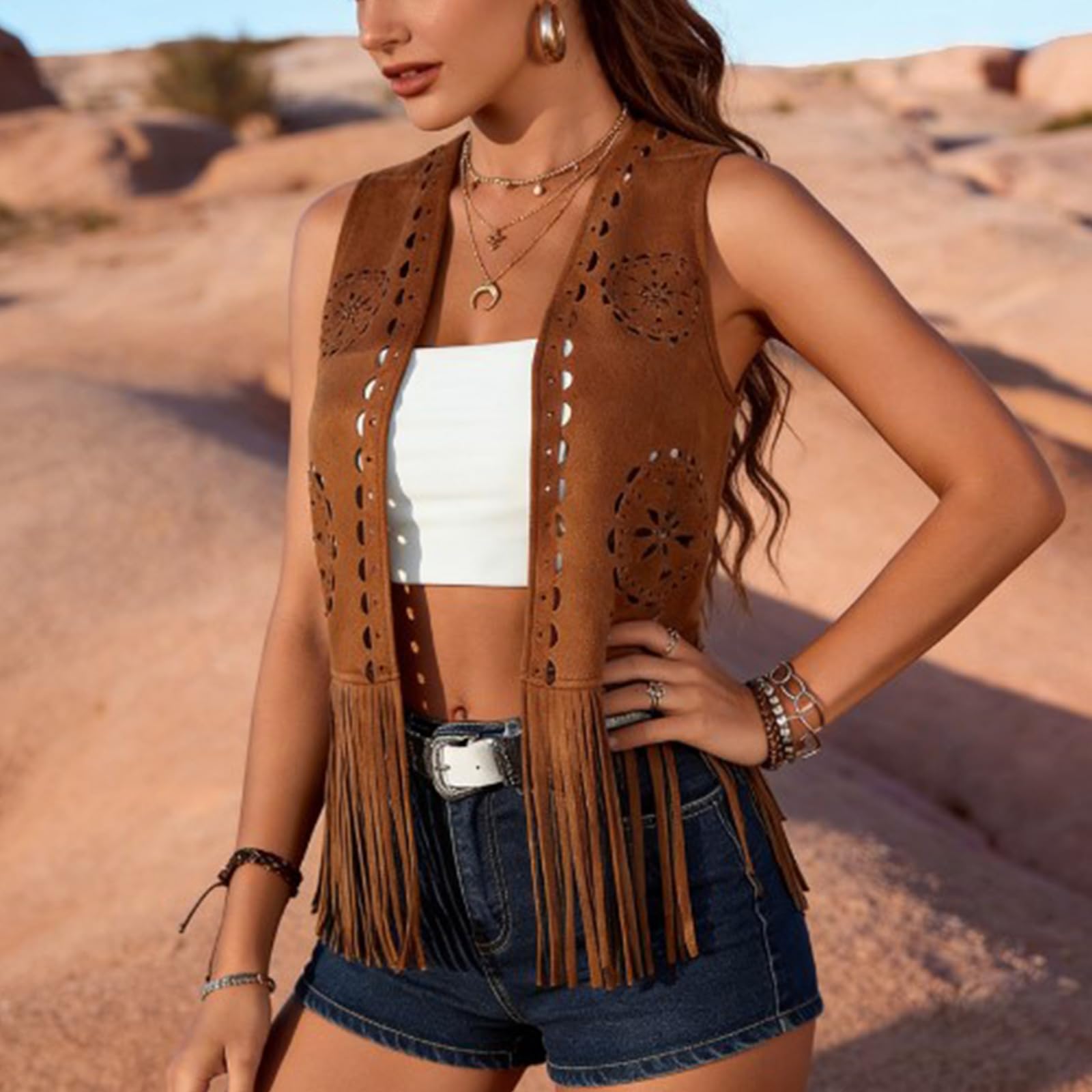 Donne ' s Moda Frange Vest Design Traspirante Retro Hippie Outwear Senza Maniche per Abiti Quotidiani Damen Fransenweste Gilet