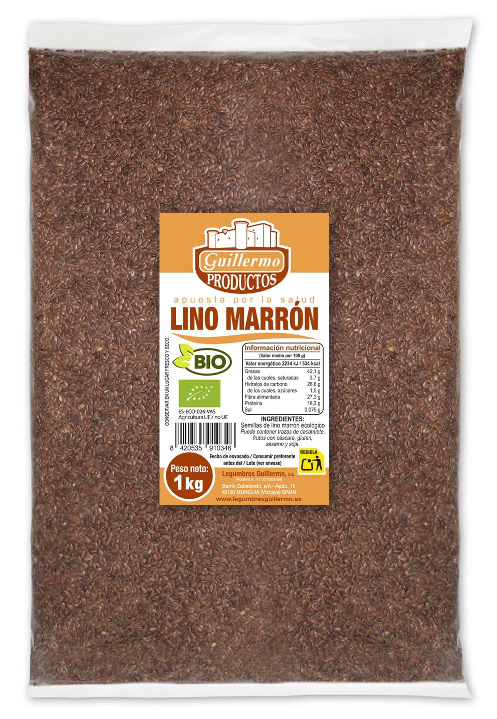 Guillermo | Lino marrón BIO - Bolsa 1 kg. | 100% ecológico | Aporta gran cantidad de minerales | Rico en fibra no soluble y soluble | Contiene omega-3