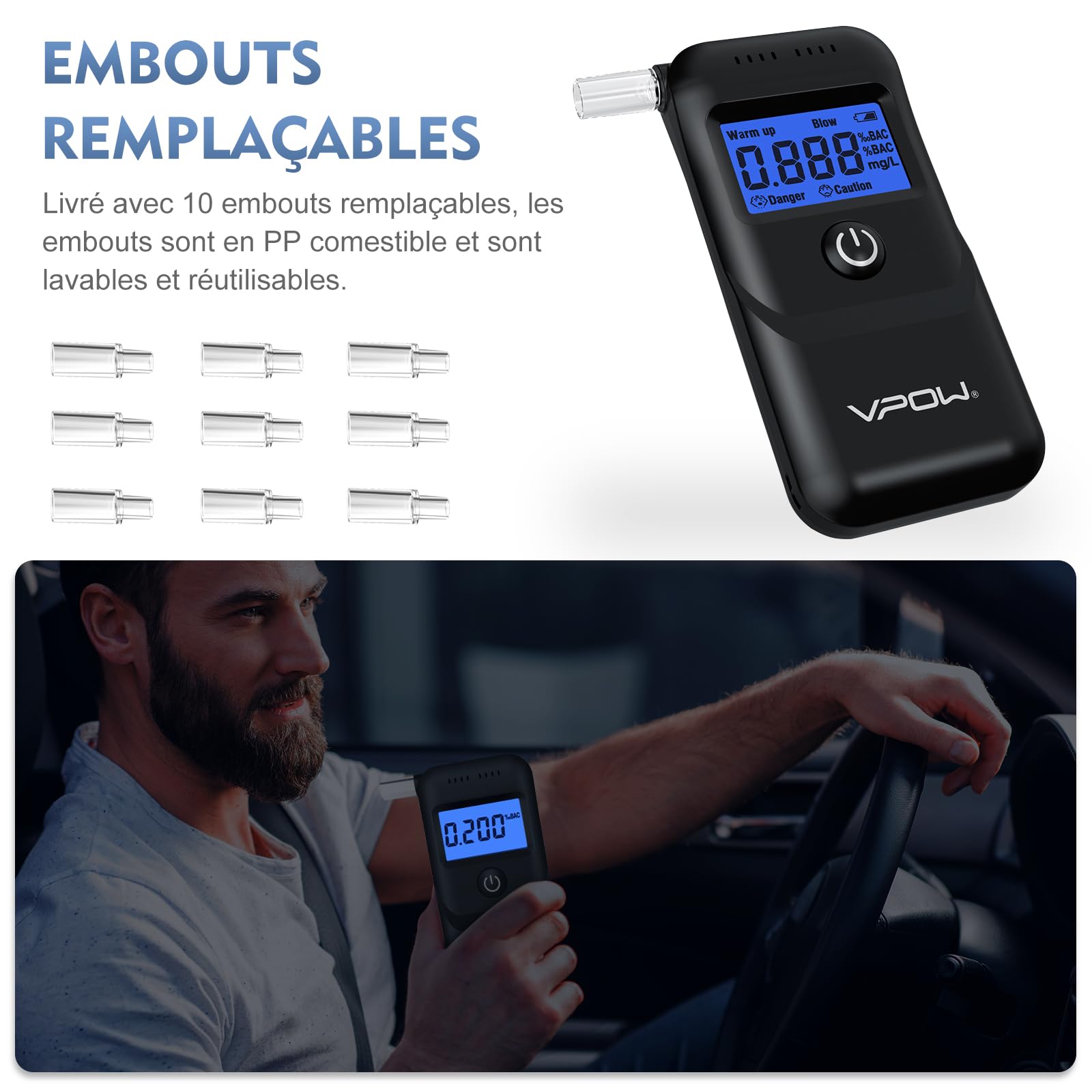 VPOW Ethylotest, Éthylotest Electronique avec Affichage Numérique LCD Bleu, Précision de Qualité, Alcootest Électronique Personnel pour Usage Domestique et Professionnel - Noir foncé