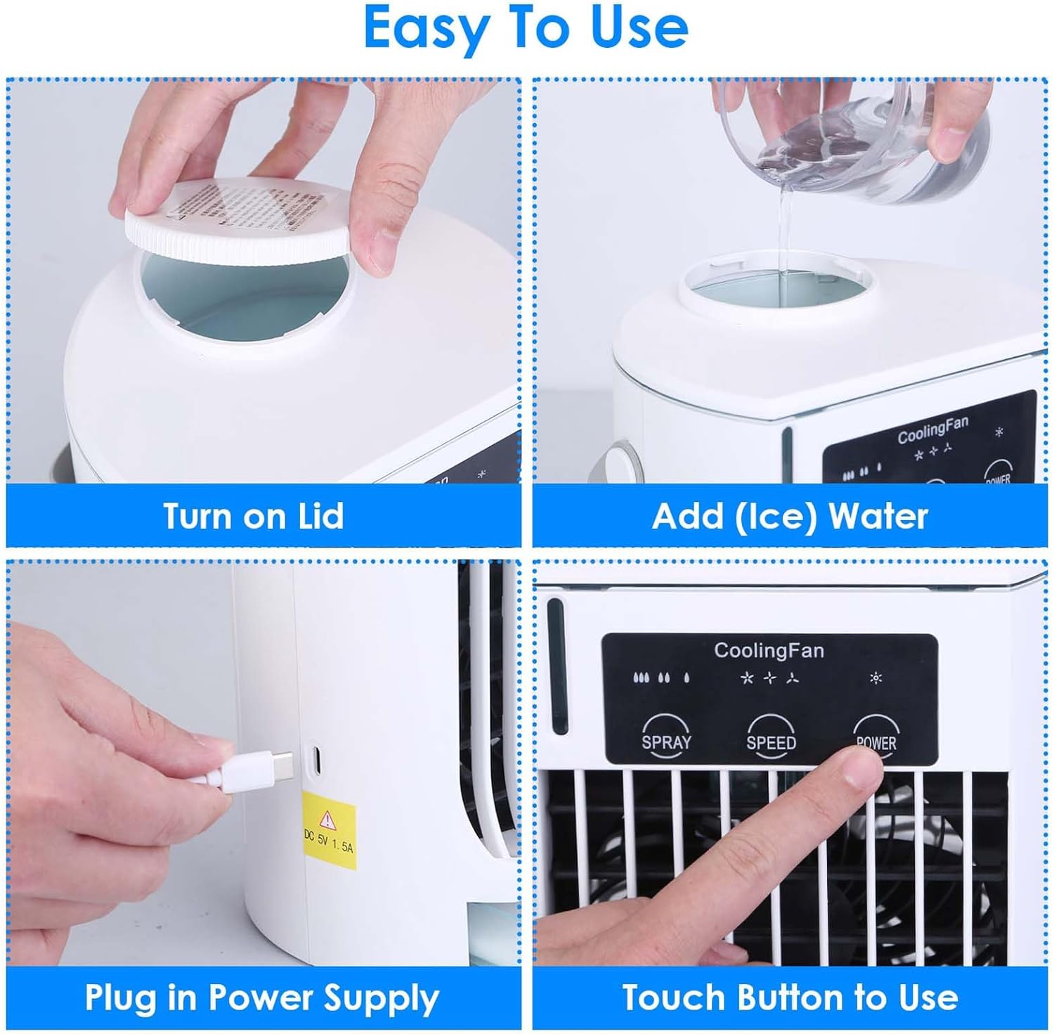 Portable Air Conditioners, 3 Wind Speeds Personal Cooling Fan with Night Light, 4 in 1 Air Cooler Mini Air Conditioner Portable for Home Office Room Car Camping
