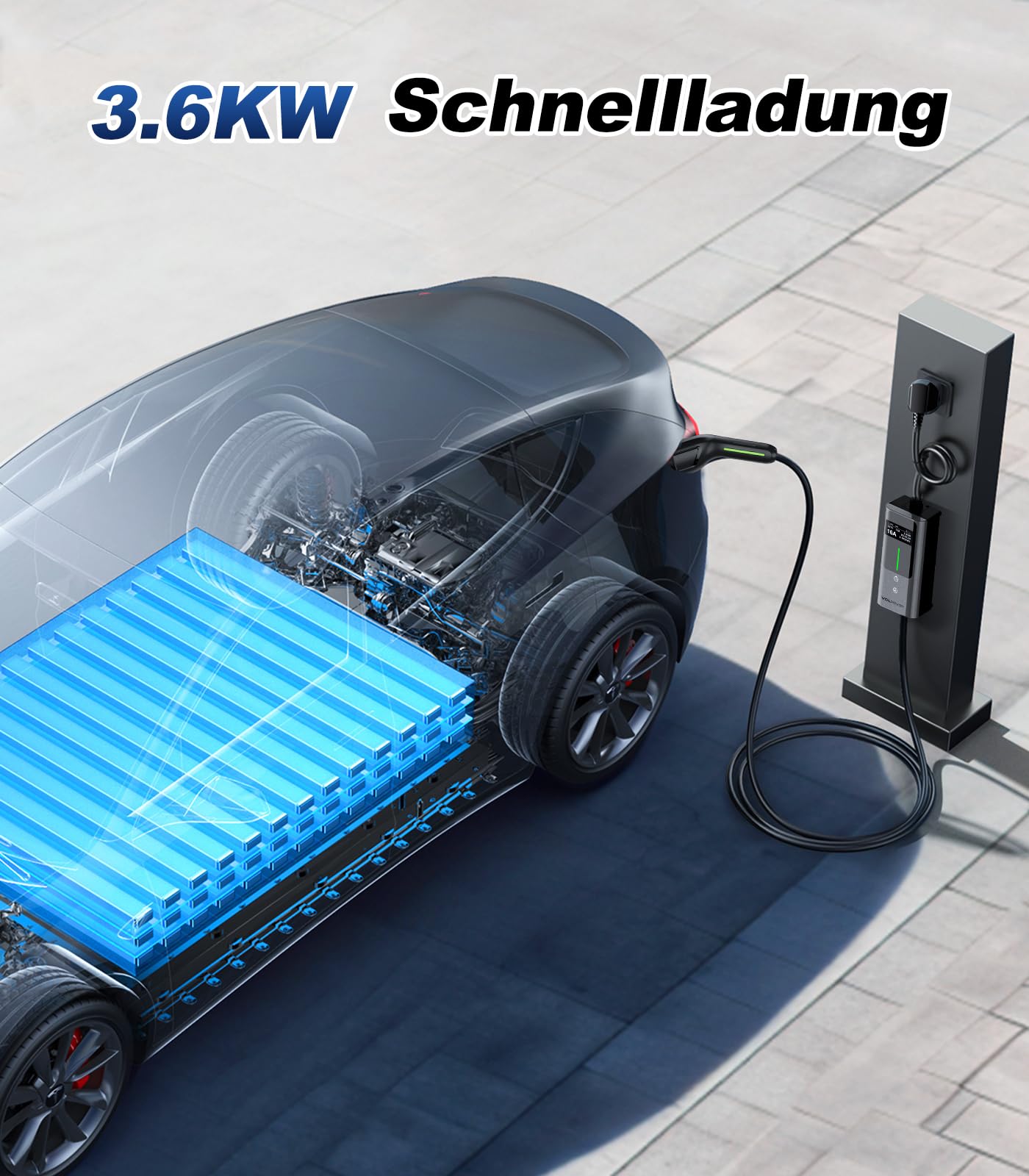 Typ 2 Ladekabel, 3.6KW /5M Ladekabel Elektroauto, 6A-16A Tragbare EV Ladegerät, Typ 2 Wallbox Ladestation(IEC 62196-2) für Elektrofahrzeuge mit Einphasigem EU-Schuko(3.68KW-5M)