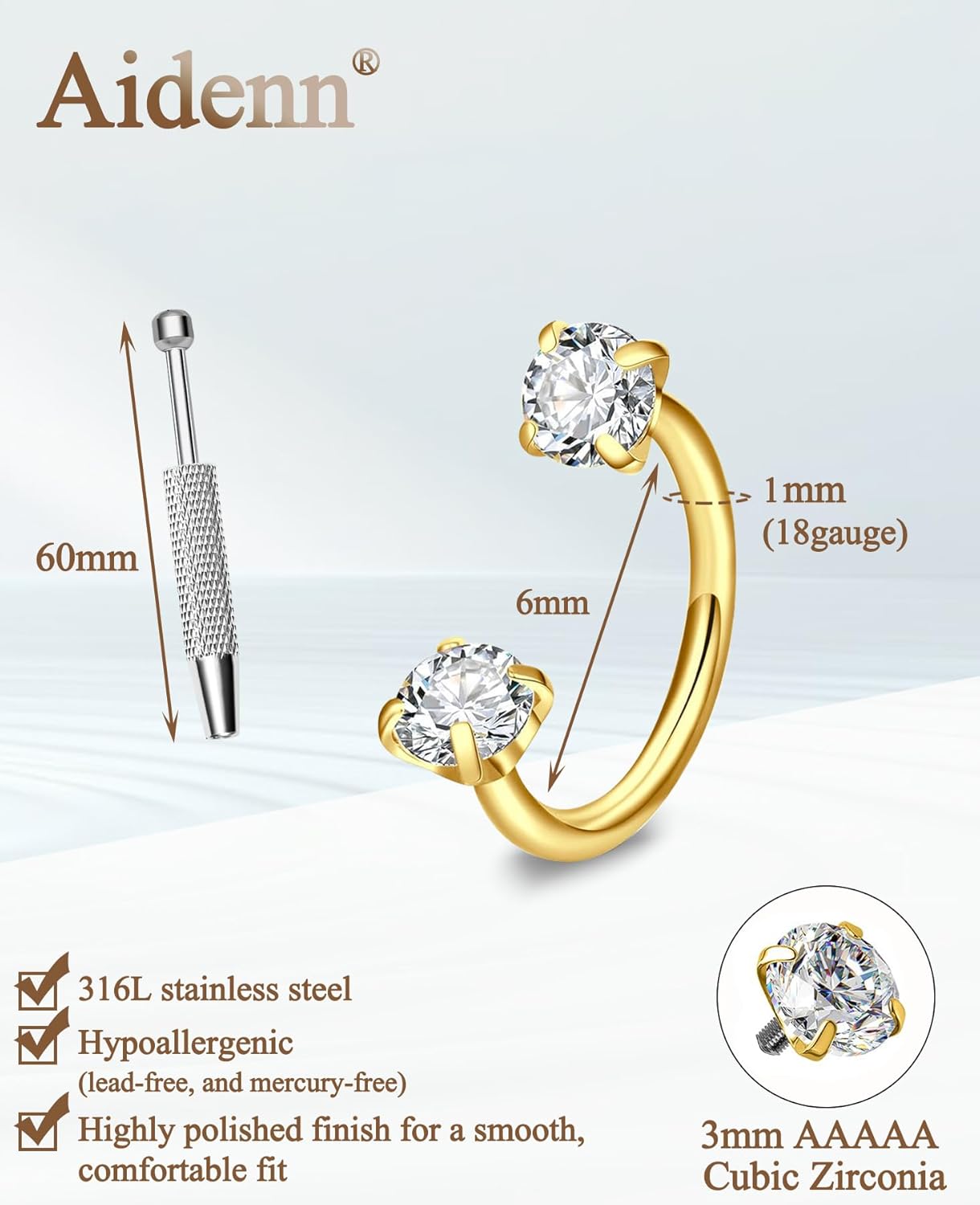 Aidenn 18G Horseshoe Nose Rings for Women, 6-8mm Horseshoe Piercing Jewelry Set Gold & Silver, Double Gem Horse Shoe Nose Rings Hoops Surgical Steel Cartilage Helix Tragus Earring Labret Lip With Tool - Image 4