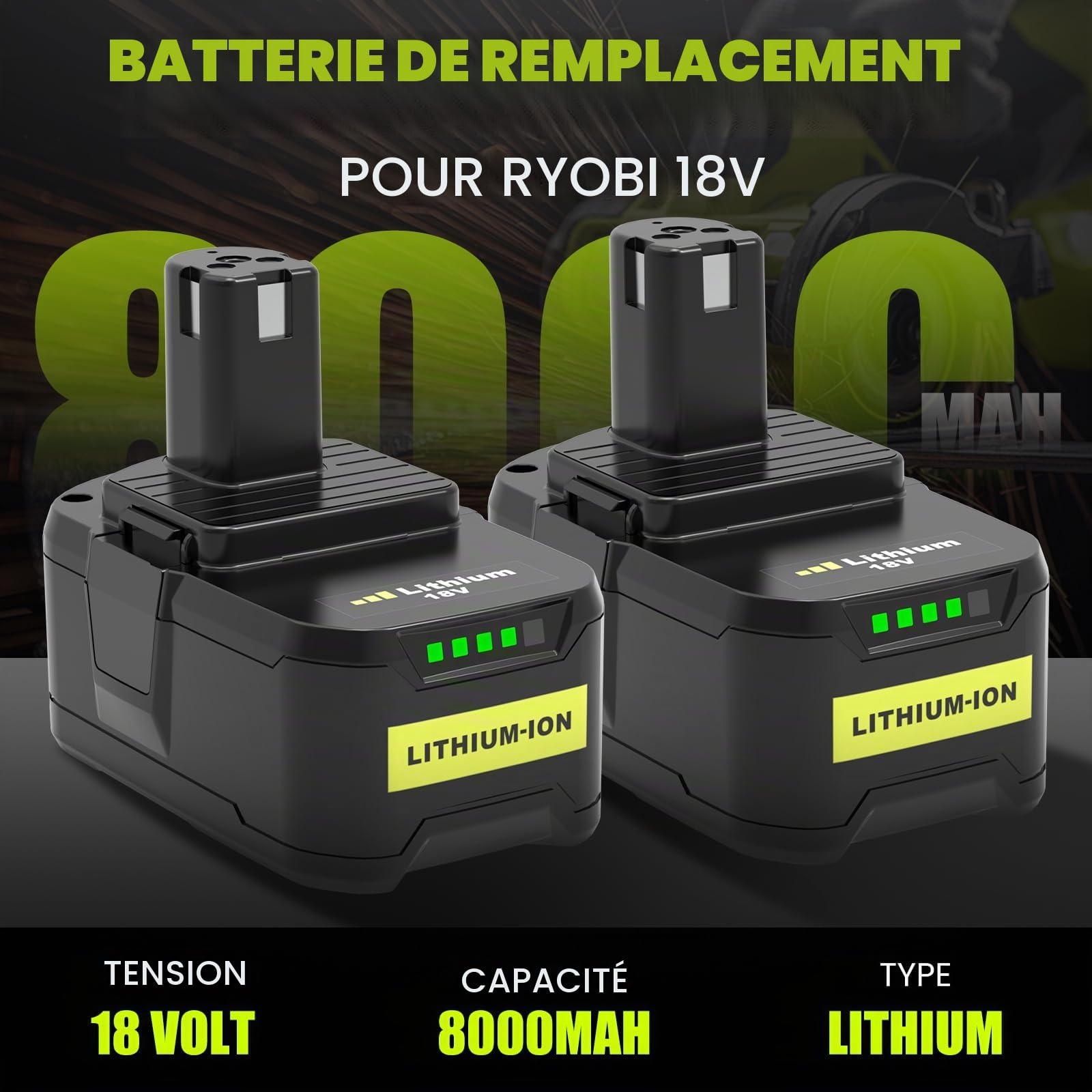 4 X 8A Batterie Compatible pour Ryobi Batterie 18V RB1840X, RB18LL50