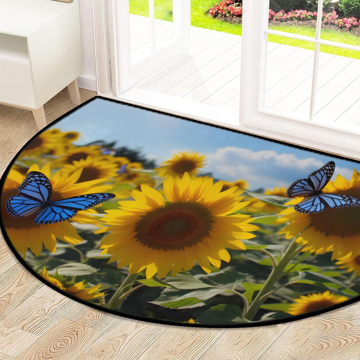 Mexpekil Paillasson demi-rond antidérapant lavable avec motif tournesols, papillon, ciel - Demi lune - Pour intérieur et extérieur - 100 x 160 cm