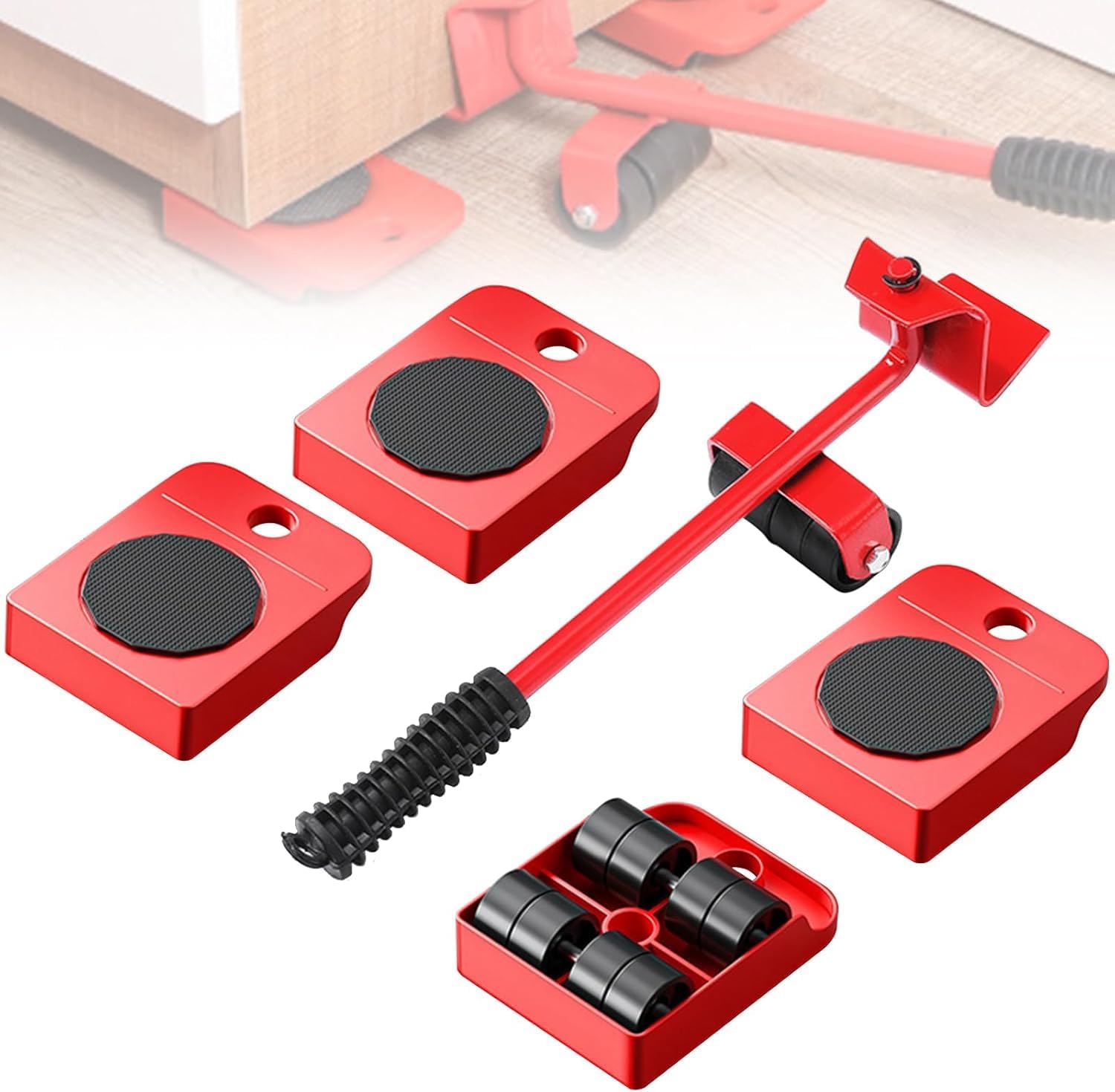 Heavy Duty Furniture Lifter Tool Set, 5PCS Furniture Sliders with Wheels for Moving, 150kg/330lbs Load Capacity, 360° Rotation Mover Kit with Crowbar for Refrigerator, Washing Machine, Sofa & Cabinet