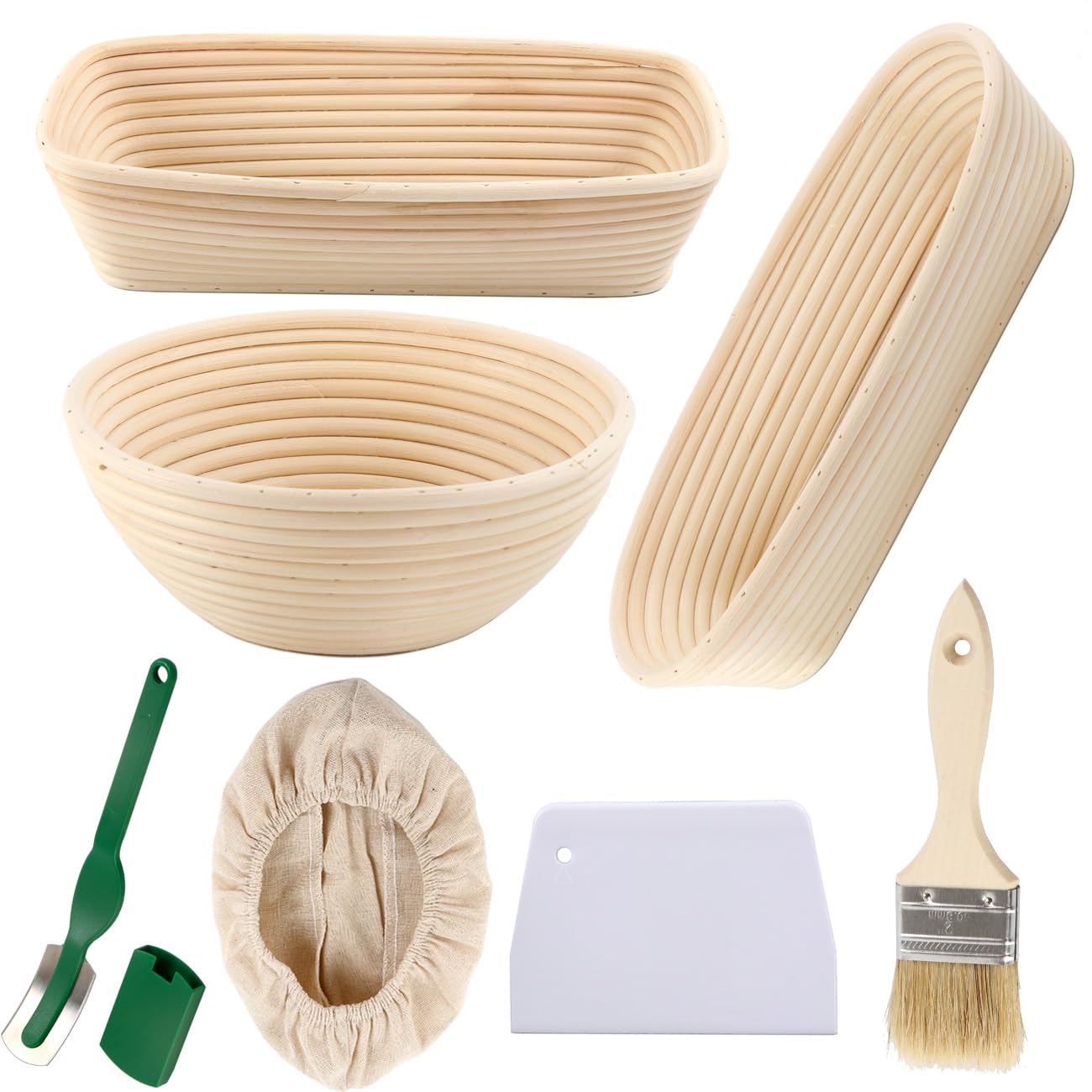 Natürliches Rattan Banneton Brotgärkorb Stoffeinsatz Abdeckung Gärkorb Brot Backform Teigschaber Brot (Farbe: 30 x 9 cm rund)