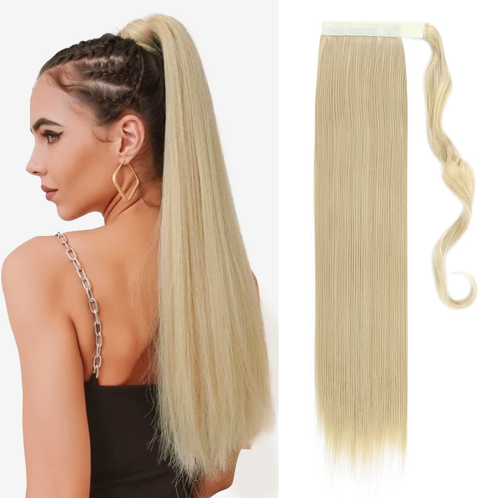 TESS Clip in Ponytail Extension Blonde 23",Hair Extensions Ponytail Synthetic Wrap Around Long Straight Fake Pony Tails Hair Pieces for Women(#24/613)
