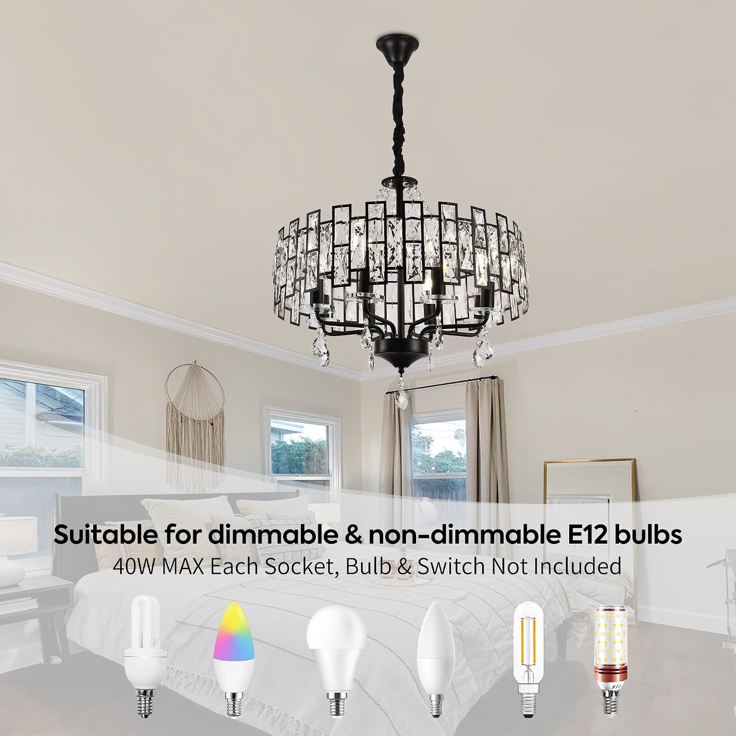 22Inch Crystal Chandelier Pendant Light Fixtures,Recessed Ceiling Lights Black Length Adjustable Hanging Light Sconce for Living Room Bedroom Kitchen Restaurant,E12 Pendant Lamp Indoor Lighting