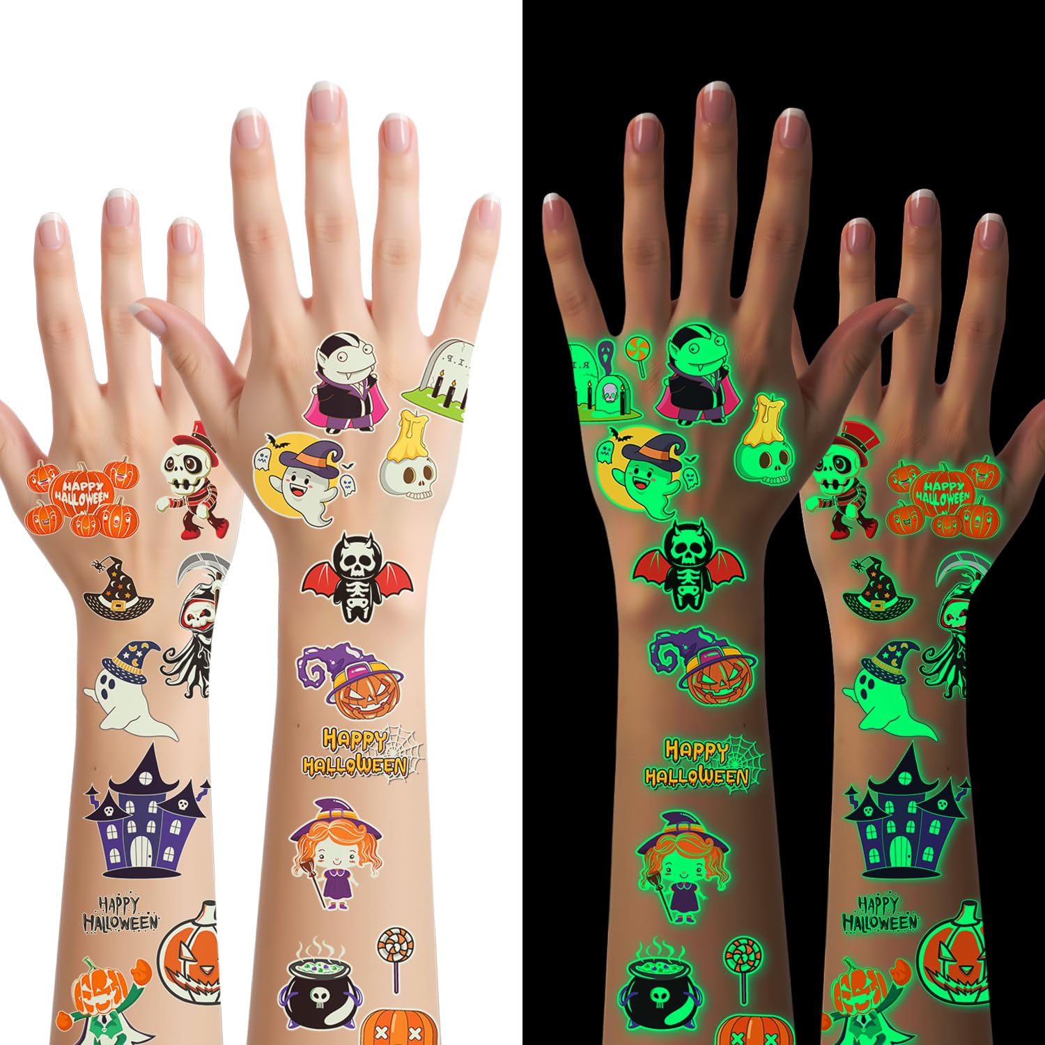 Photo 1 of 220Pcs Luminous Halloween Temporary Tattoos for Kids,20Sheets Halloween Glow in The Dark Trick or Treat Fake Tattoo Stickers for Boys Girls Adult Gifts Crafts Party Decorations Favors Supplies