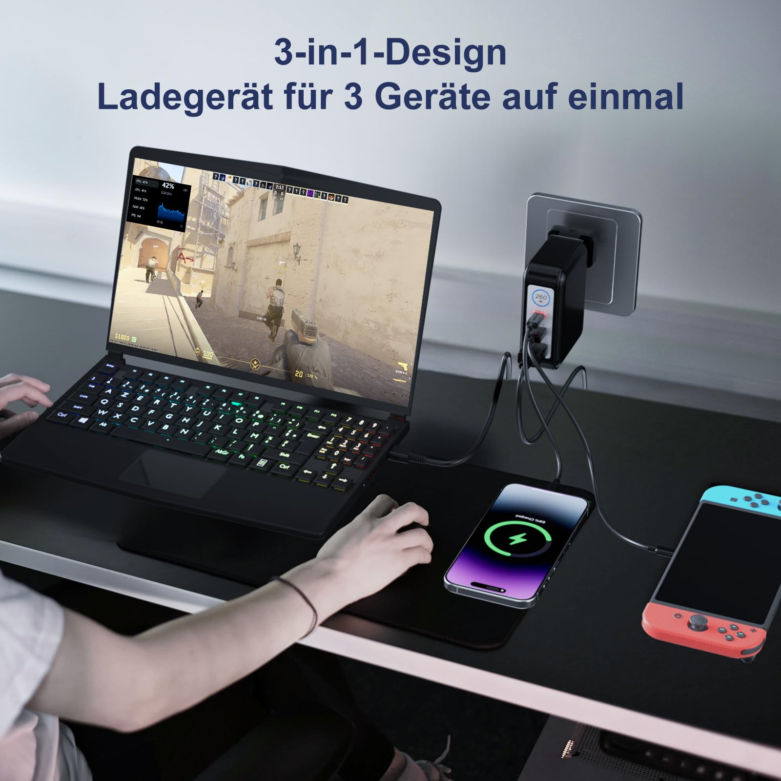 Caricatore portatile GaN pieghevole da 260 W (20 V/13 A), per MSI Gaming Laptops, PD 3.0 con cavo da 11-40 mm, compatibile con MSI Stealth 14 AI/16AI/Creator Pro16 AI