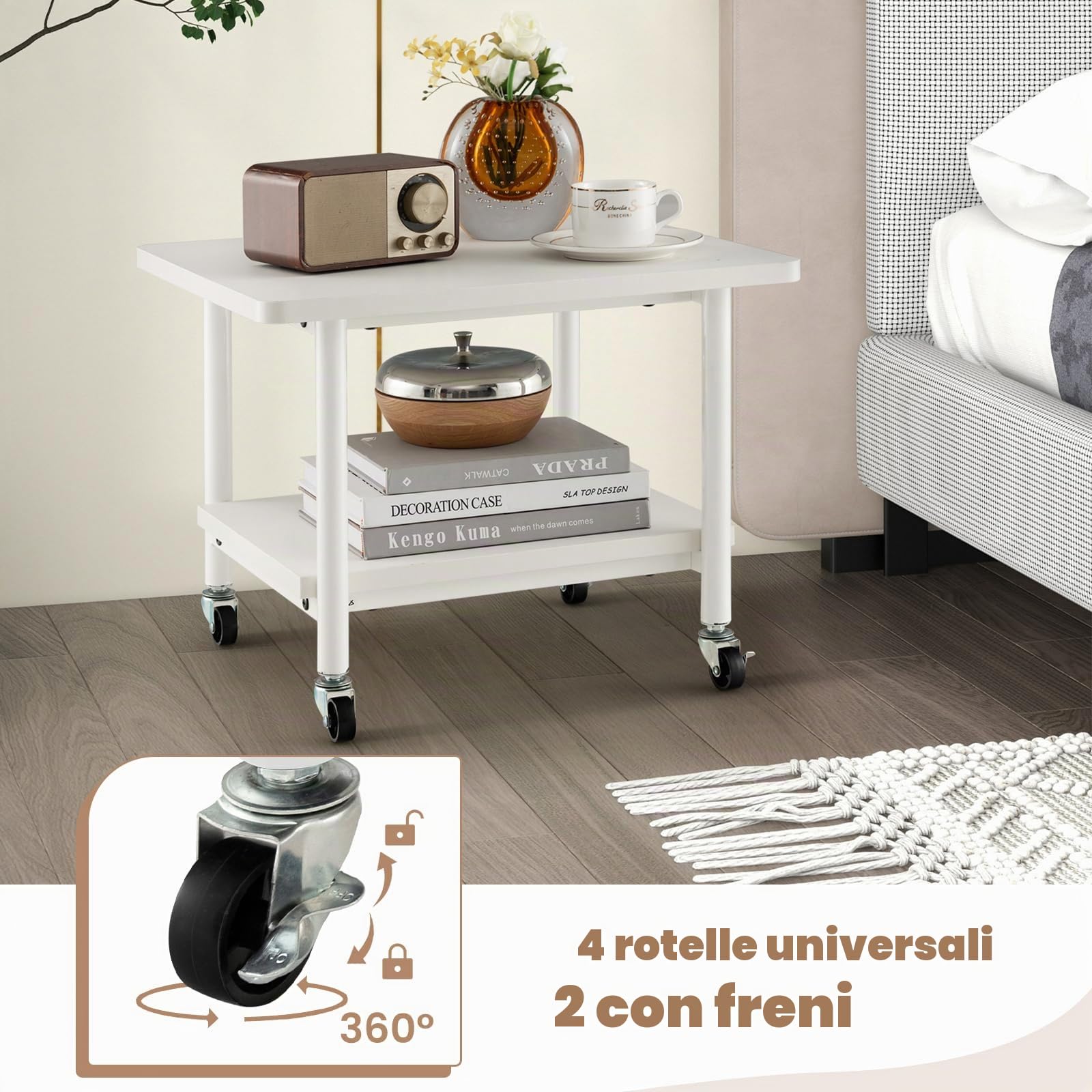 HOMASIS Supporto per Stampante da Ufficio a 2 Ripiani, Mobile Stampante con 4 Ruote con Freni, Carrello Organizzatore per Camera, Soggiorno, Ufficio (Bianco)