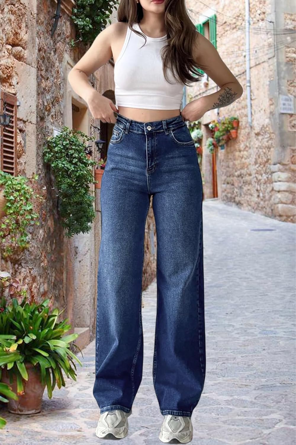 Women's Wide Leg Straight Jeans High Waist Stretchy Boyfriend Classic Denim Pants - Image 6