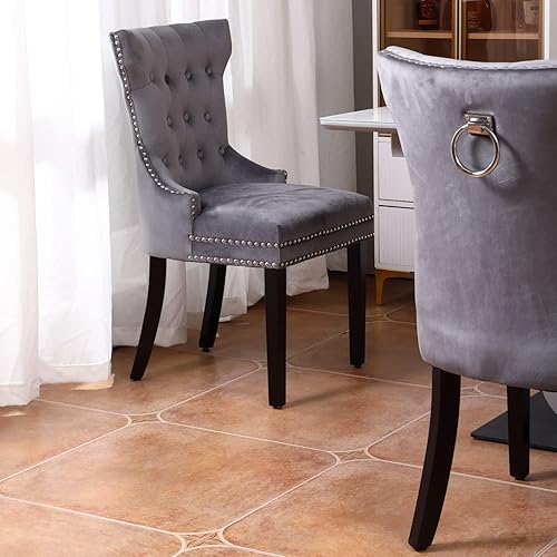 Miniatura 4 de Juego de 2 sillas de comedor grises lujosas y modernas sillas de comedor tapizadas de terciopelo con patas de madera, gancho de metal, lujoso botón